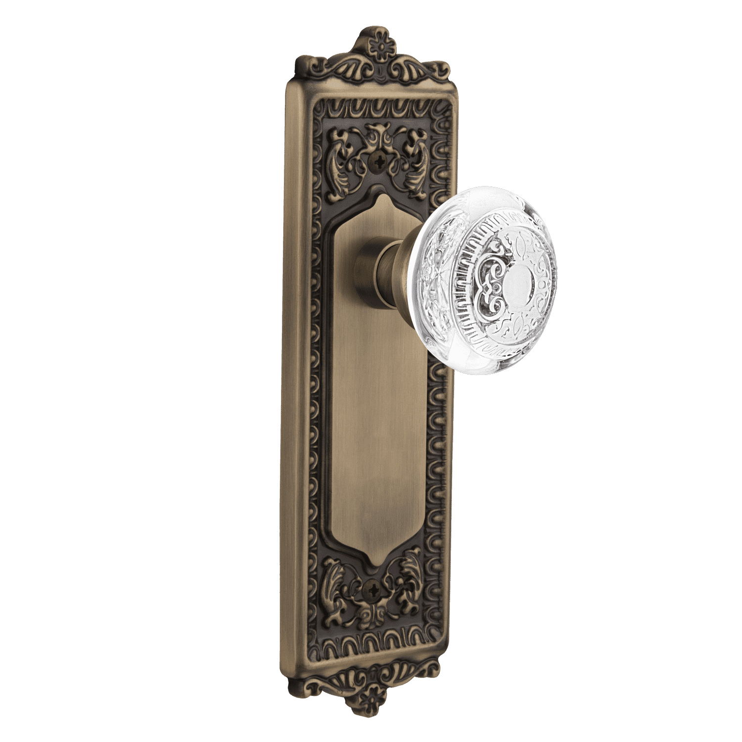 Antique Brass Egg & Dart Long Plate with Crystal Knob - Elegant Cabinet & Drawer Hardware for Vintage Furniture Restoration & Home Decor