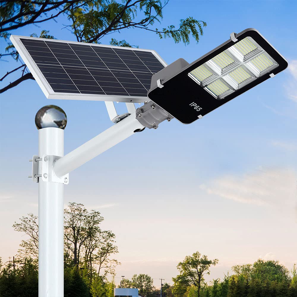 6000W LED Solar Street Light Outdoor - Dusk to Dawn Security Flood Light with Remote Control & Pole, Wireless Waterproof Solar Powered - Perfect for Yard, Parking Lot, Street, Garden, Garage & Pathway Lighting