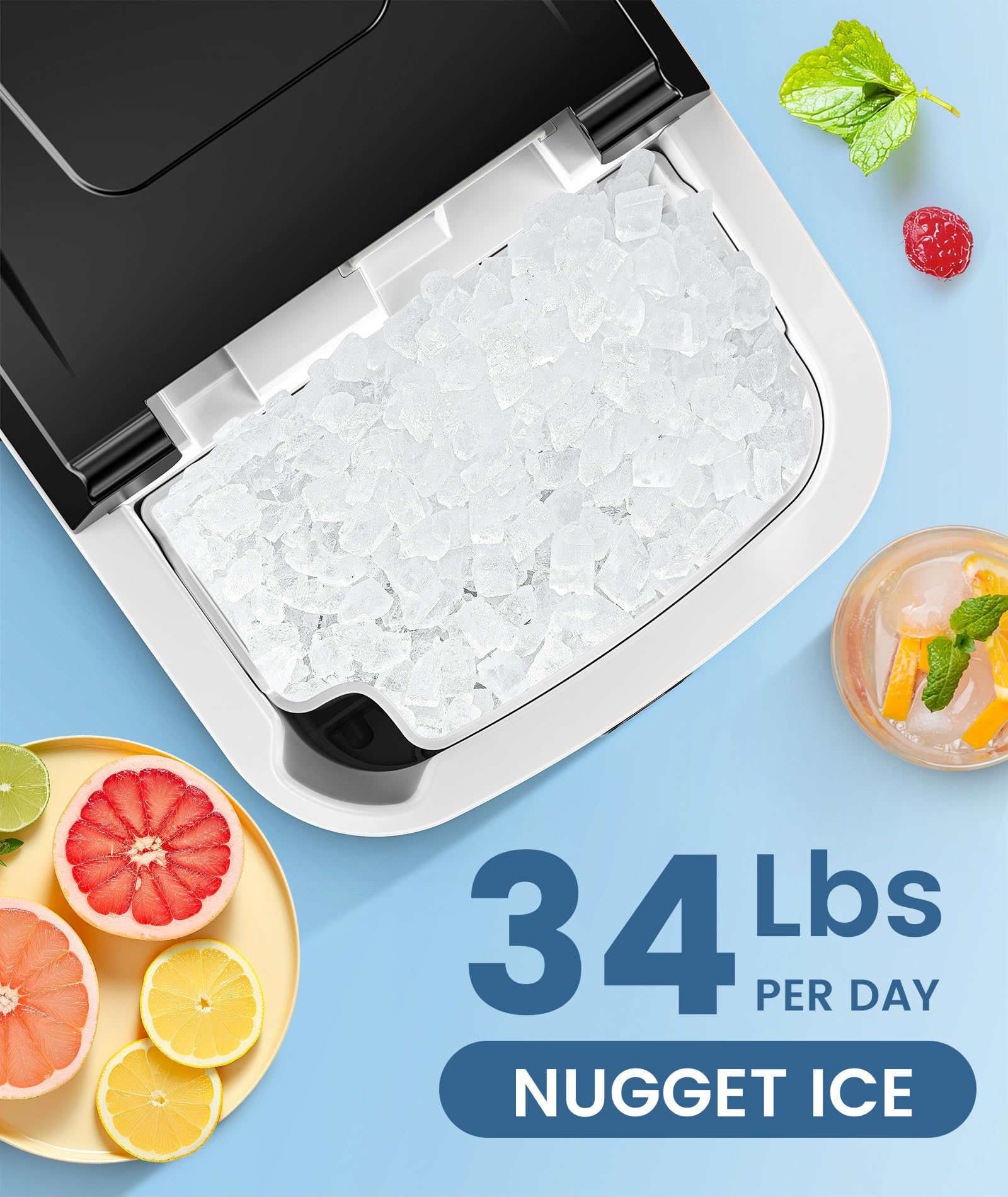 COWSAR Countertop Nugget Ice Maker - 34Lbs/24H Pebble Ice Machine with Soft Chewable Ice, Self-Cleaning & One-Click Operation - Perfect for Home, Kitchen, RV, Camping, Parties & Outdoor Adventures