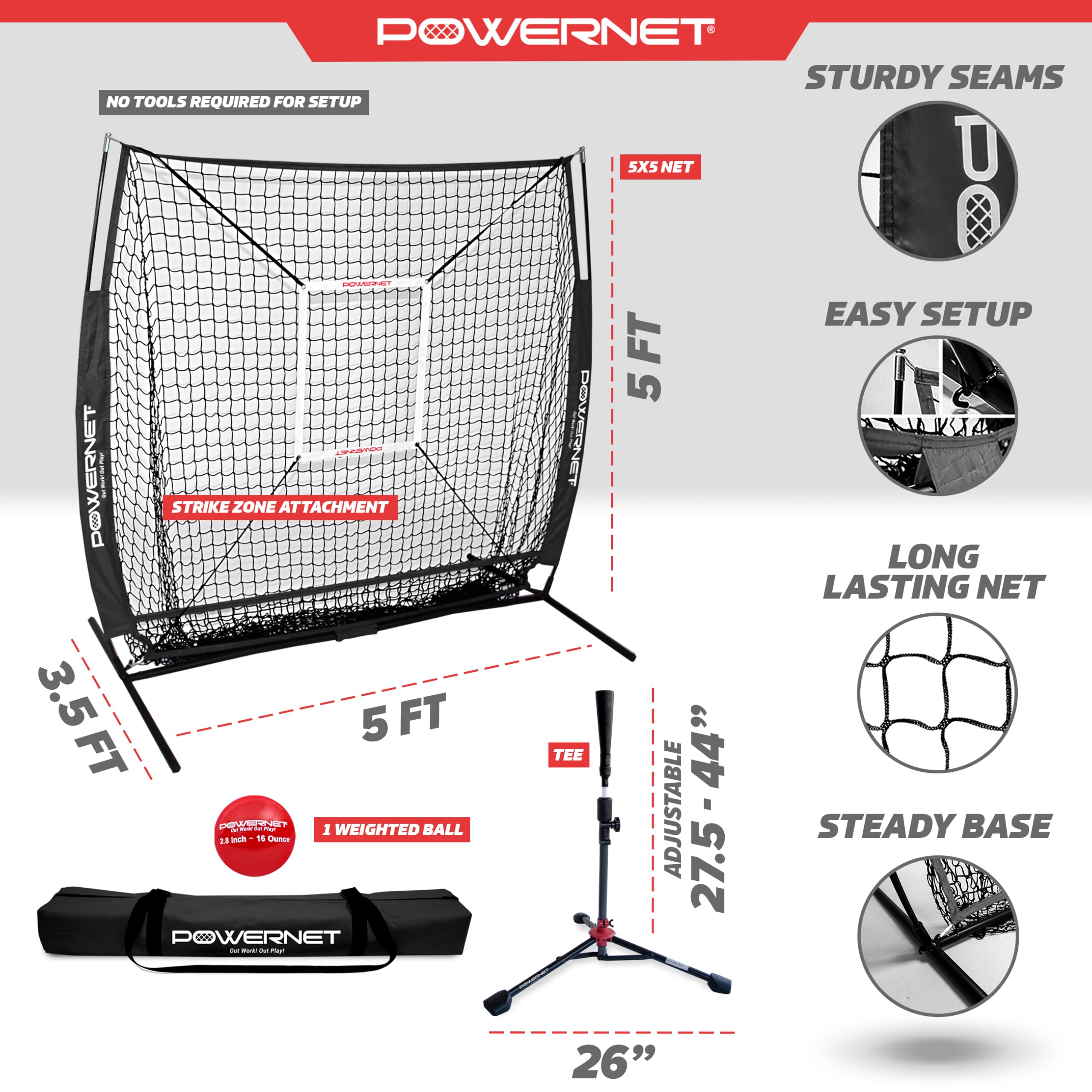 PowerNet 5x5 Baseball & Softball Training Net Bundle - Portable Hitting & Pitching Practice Net with Weighted Ball & Tee for Backyard, Field & Travel Baseball Practice