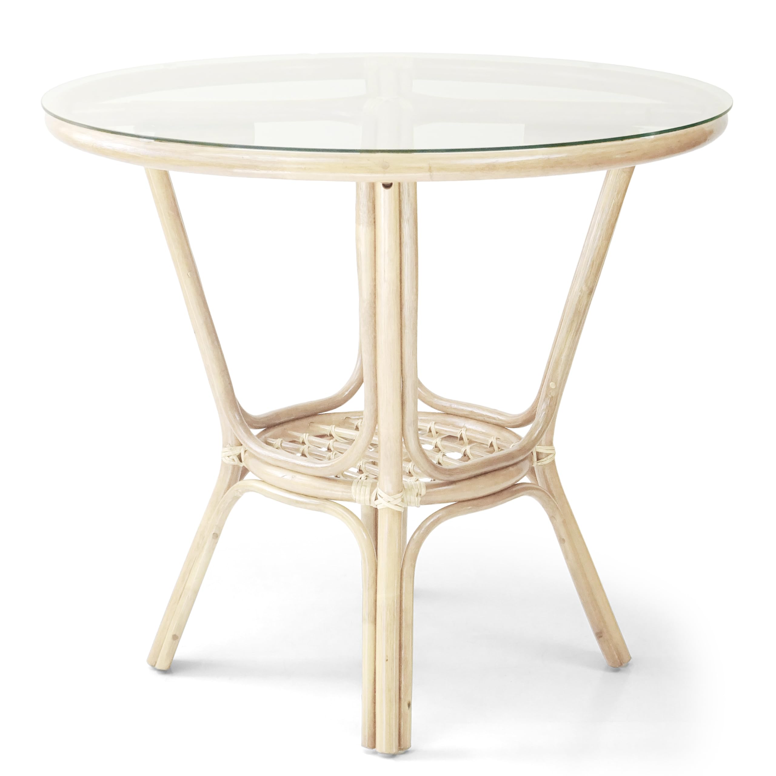 Whitewashed Rattan Wicker Round Dining Table with Tempered Glass Top - Natural Boho Style for Patio, Garden, or Indoor Dining Room Decor