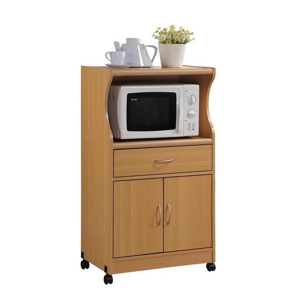 HODEDAH Beech Microwave Cart with Storage Drawer, 2 Doors & Shelf - Compact Kitchen Organizer for Small Spaces, Apartments & Dorm Rooms
