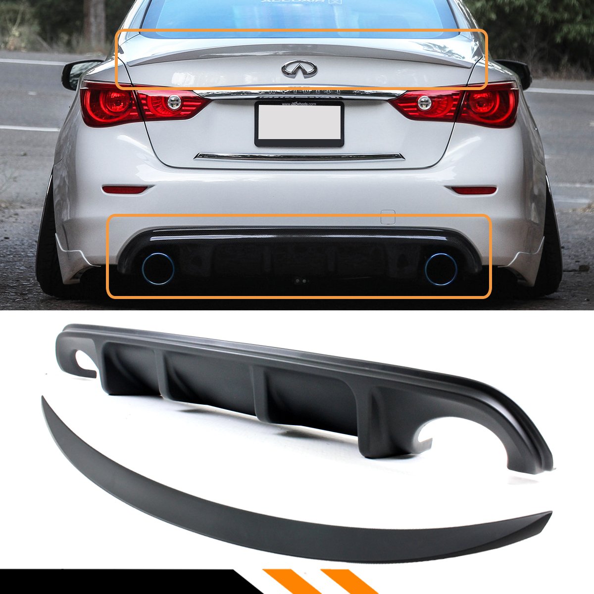 AQ Style Rear Bumper Diffuser + VIP Style Trunk Spoiler Combo for 2014-2017 Infiniti Q50 - Carbon Fiber Car Body Kit for Enhanced Aerodynamics & Sporty Look