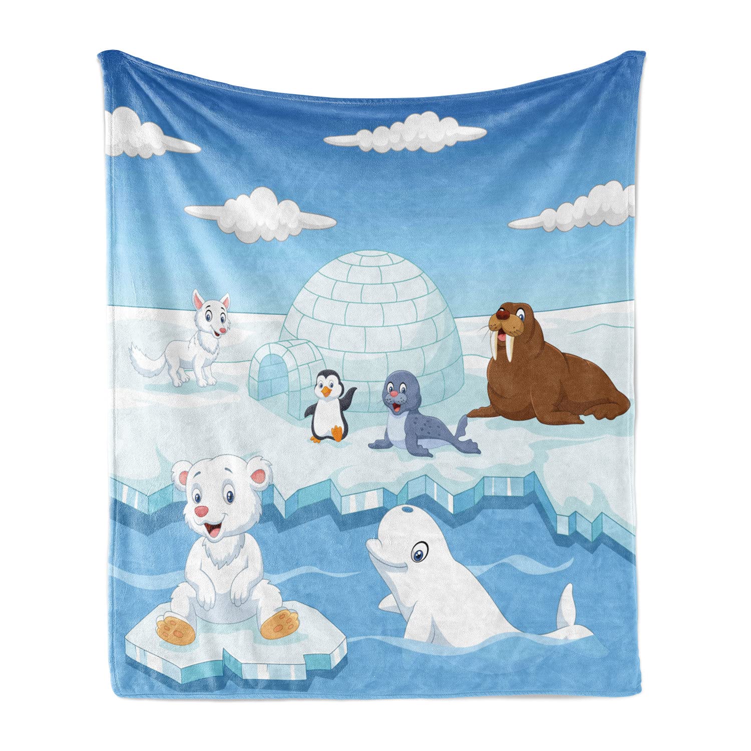 Ambesonne Arctic Animals Fleece Throw Blanket - Polar Bears, Seals, Penguins, Wolves & Whales Art Design - 50