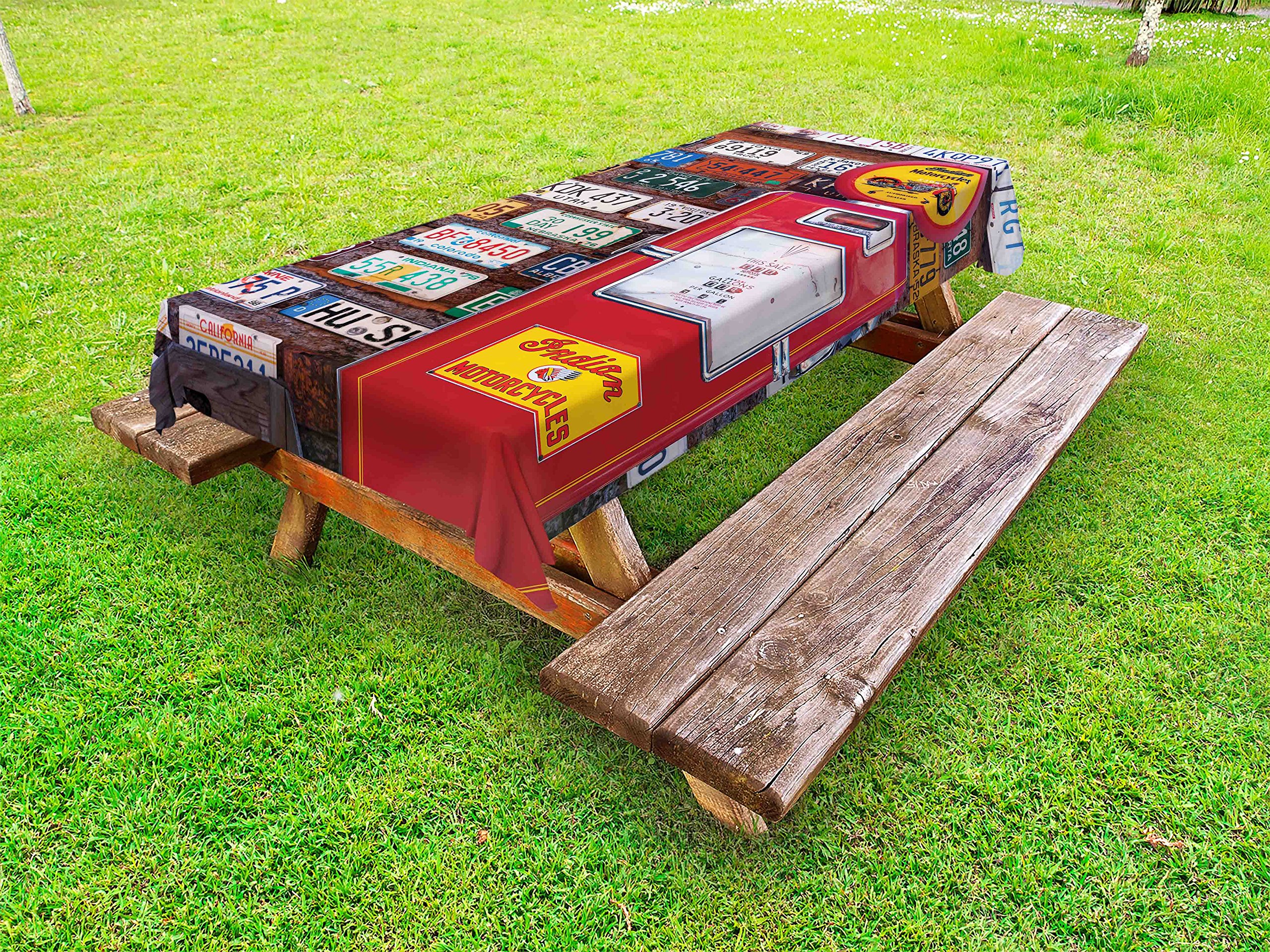 Americana Outdoor Tablecloth - Vintage American License Plates & Antique Gas Pump Design, Washable Picnic Table Cover 58x120 Inches, Red Multicolor - Perfect for 4th of July BBQs, Camping & Outdoor Dining
