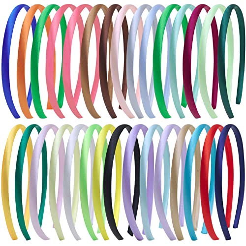 PingLido 30 Pack Satin Headbands for Women & Girls - 1cm Thin Skinny Headbands, Ribbon Covered Fashion Hair Accessories in Assorted Colors - Perfect for Daily Wear, Parties, Weddings and Special Occasions