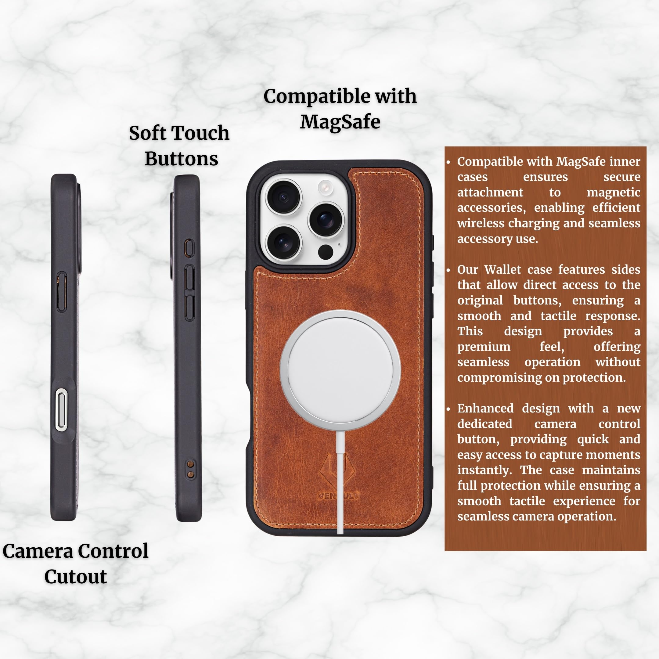 VENOULT Magnetic Wallet Case for iPhone 13/14/15 Pro MAX & Plus - Slim RFID Blocking Leather Card Holder with Magsafe Compatibility (Almond Brown, 6.1