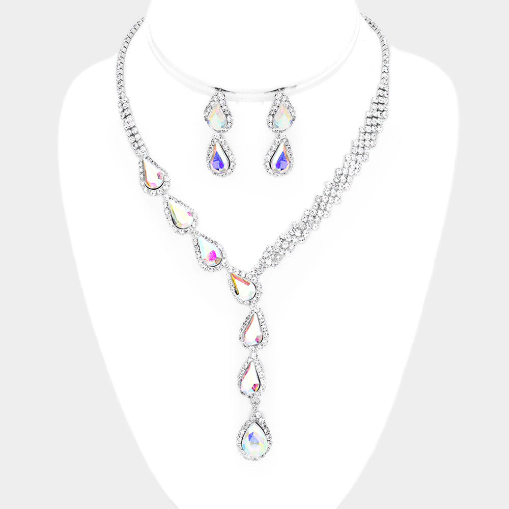 AB Crystal Teardrop Rhinestone Necklace Set - Elegant Prom Jewelry for Women | Dainty Evening Party Necklace | Perfect for Dances, Weddings & Special Occasions