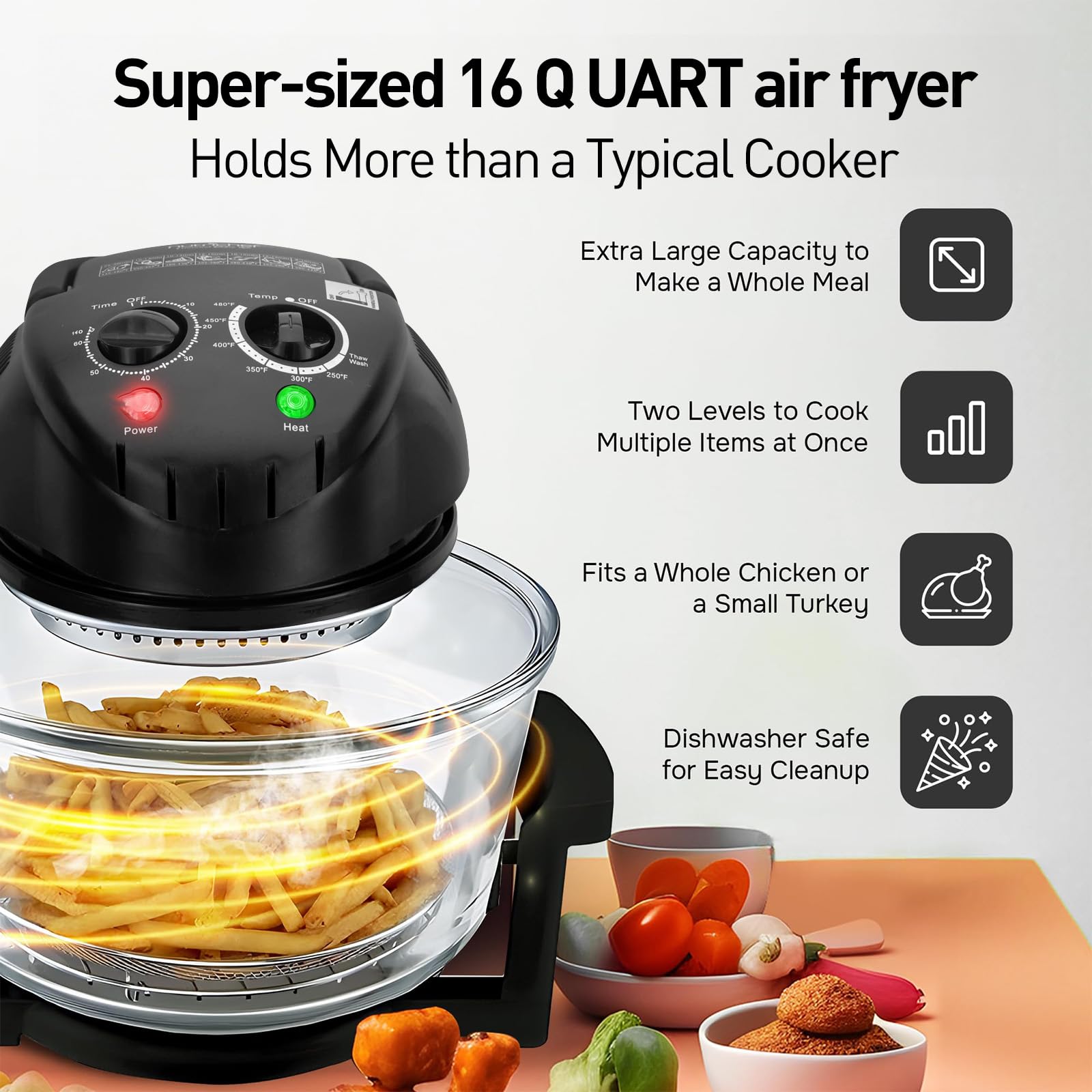 8-in-1 Extra Large Glass Air Fryer - 18 Quart Non-Toxic Healthy Cooker for Baking, Grilling, Steaming, Broiling & Roasting - Includes Glass Bowl & Accessories - Perfect for Family Dinners & Healthy Meal Prep