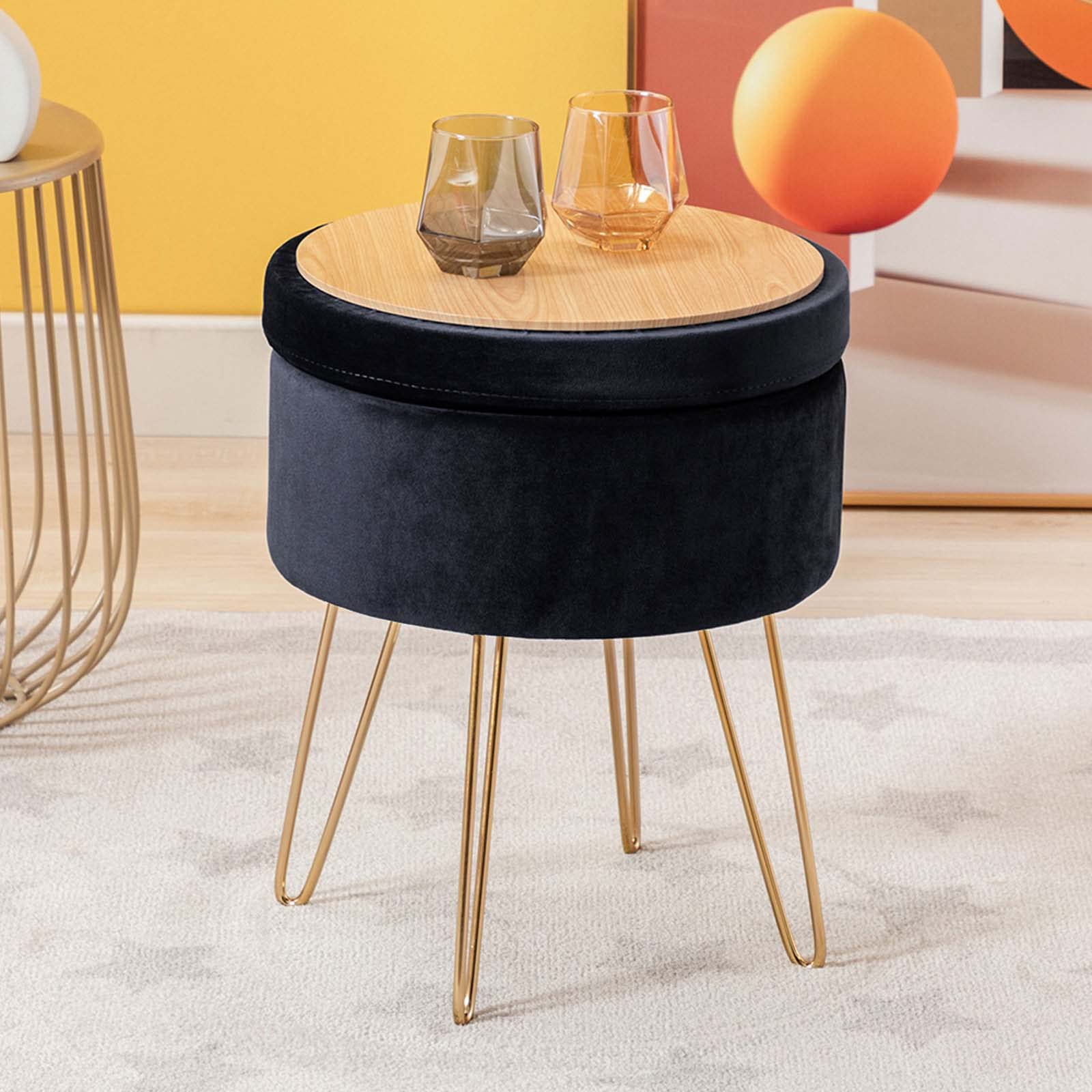 Duhome Velvet Storage Ottoman with Metal Legs - Round Footrest Stool, Vanity Chair, Coffee Table Tray Top for Bedroom & Living Room - Black | Perfect for Home Decor, Extra Seating & Storage Solutions