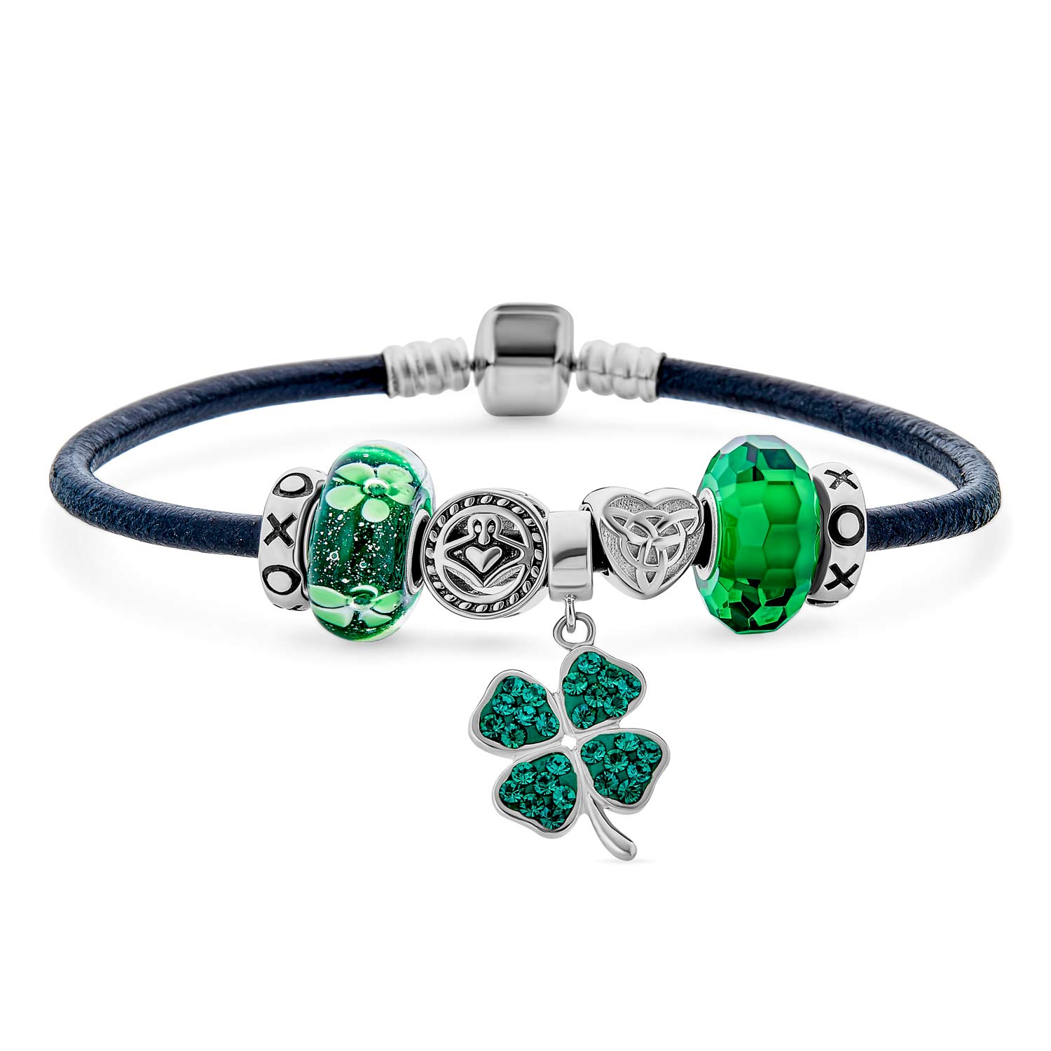 Celtic Knot Sterling Silver Charm Bracelet for Women - Irish Shamrock Clover Beaded Snake Chain Bracelet with Claddagh Charm, 925 Silver, Adjustable 6.5-8.5 Inch | Perfect for St. Patrick's Day, Irish Heritage Gifts & Everyday Elegant Jewelry