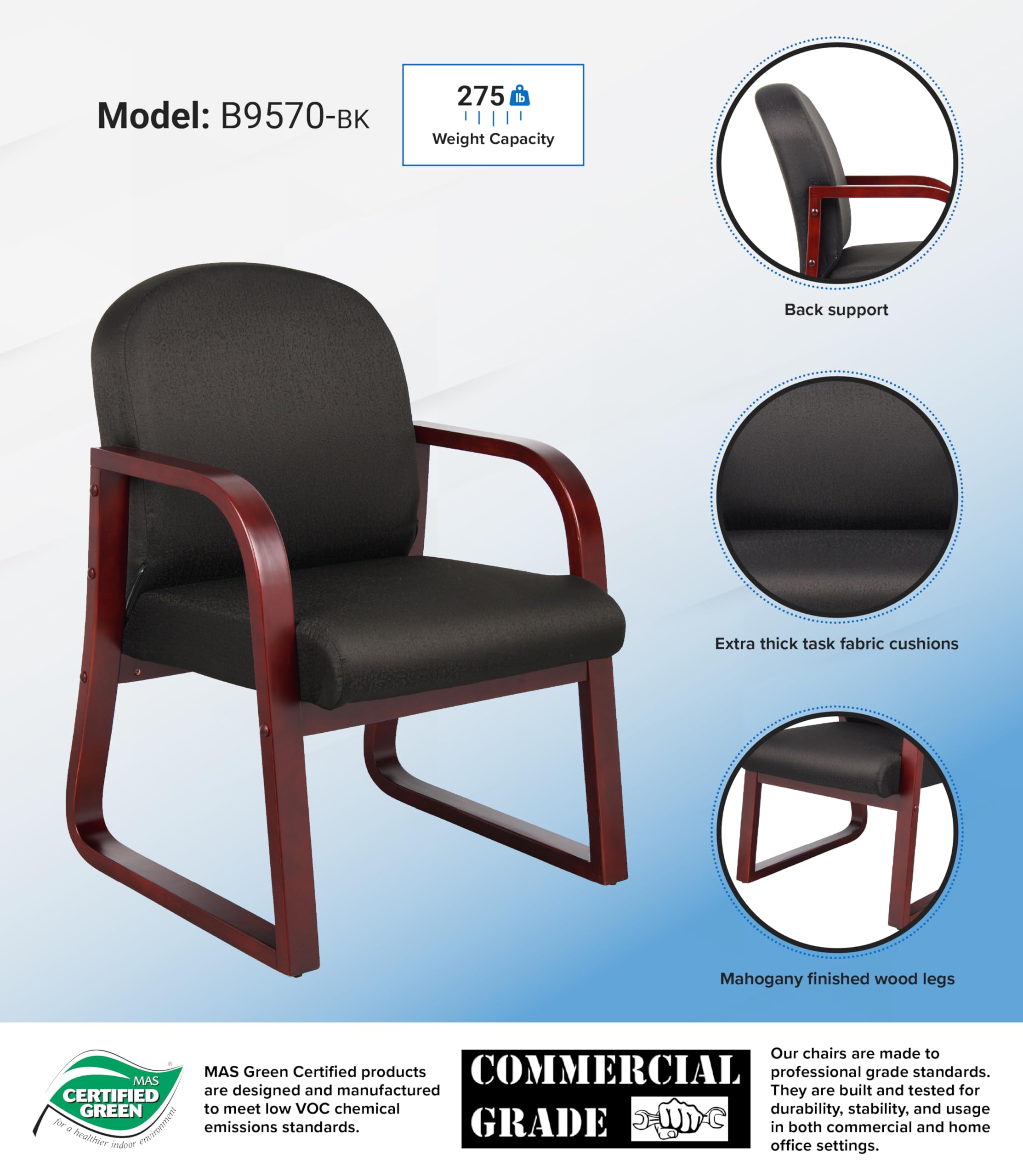 Boss Office Products Mahogany Frame Fabric Side Chair in Black - Ergonomic Office Chair for Home & Workspace, Comfortable Seating for Desk, Conference Room, or Waiting Area