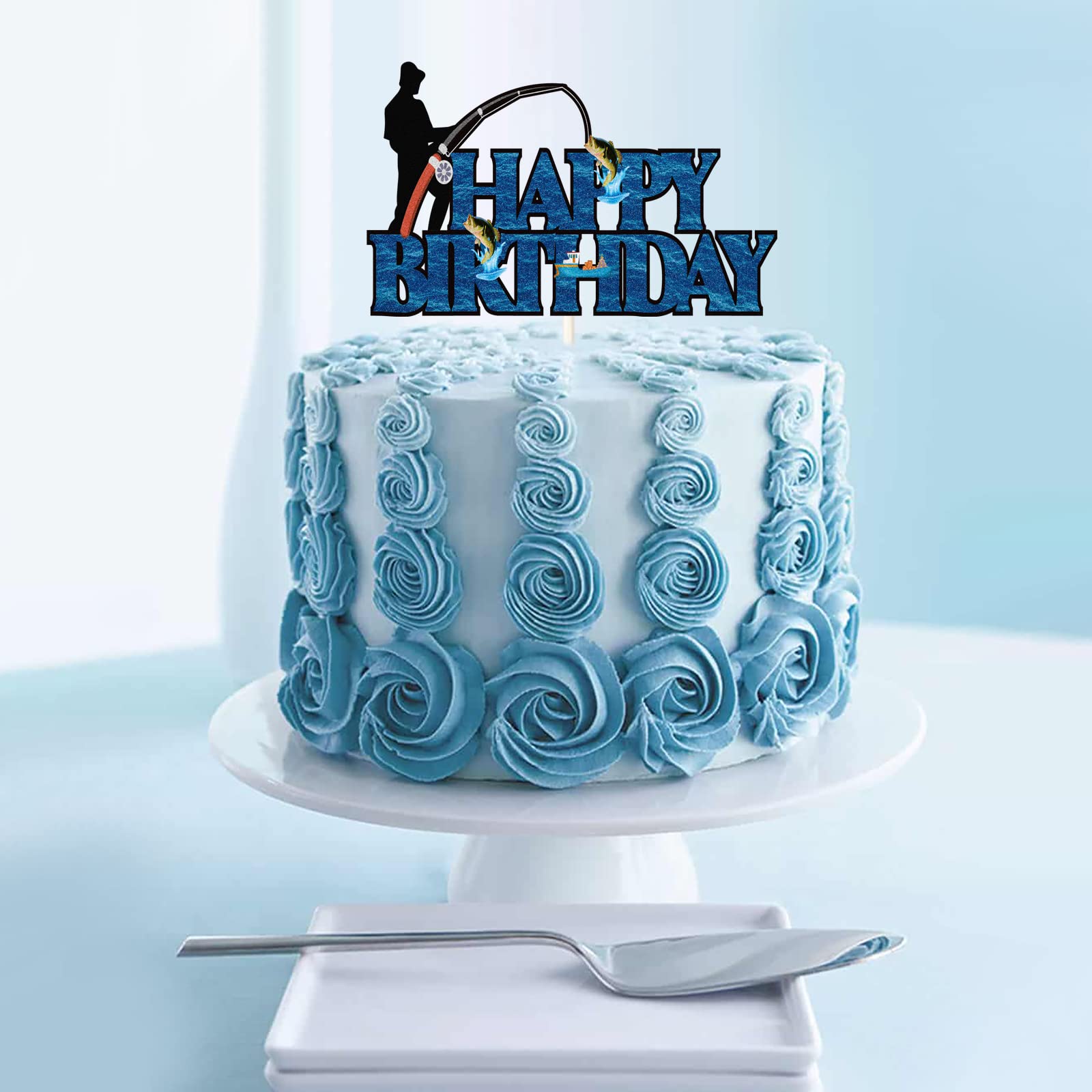 Fishing Happy Birthday Cake Topper - Fishing Pole & Fisherman Themed Cake Decorations for Birthday Parties | Perfect for Fisherman Birthday Cakes, Fishing Theme Celebrations & Outdoor Enthusiast Events