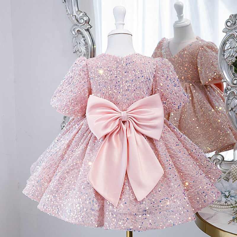 Sparkly Pink Sequin Princess Dress for Girls - Elegant V-Neck with Bow & Puff Sleeves | Birthday Party, Pageant, Photo Shoot Costume