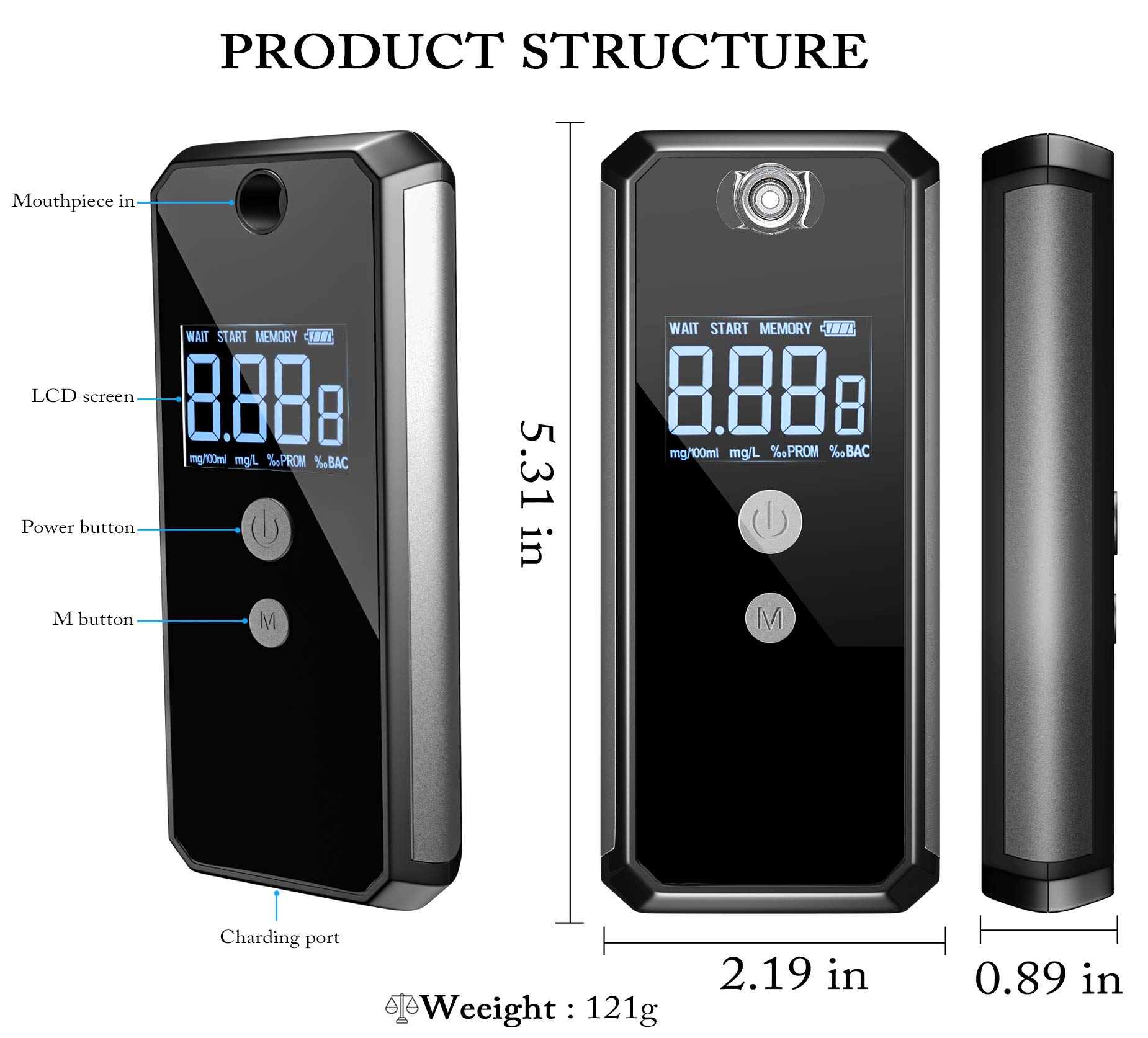 Professional Fuel Cell Sensor Breathalyzer - High Accuracy USB Rechargeable Alcohol Tester for Police & Personal Use | Includes 10 Mouthpieces | Perfect for Law Enforcement, Workplace Testing & Home Safety