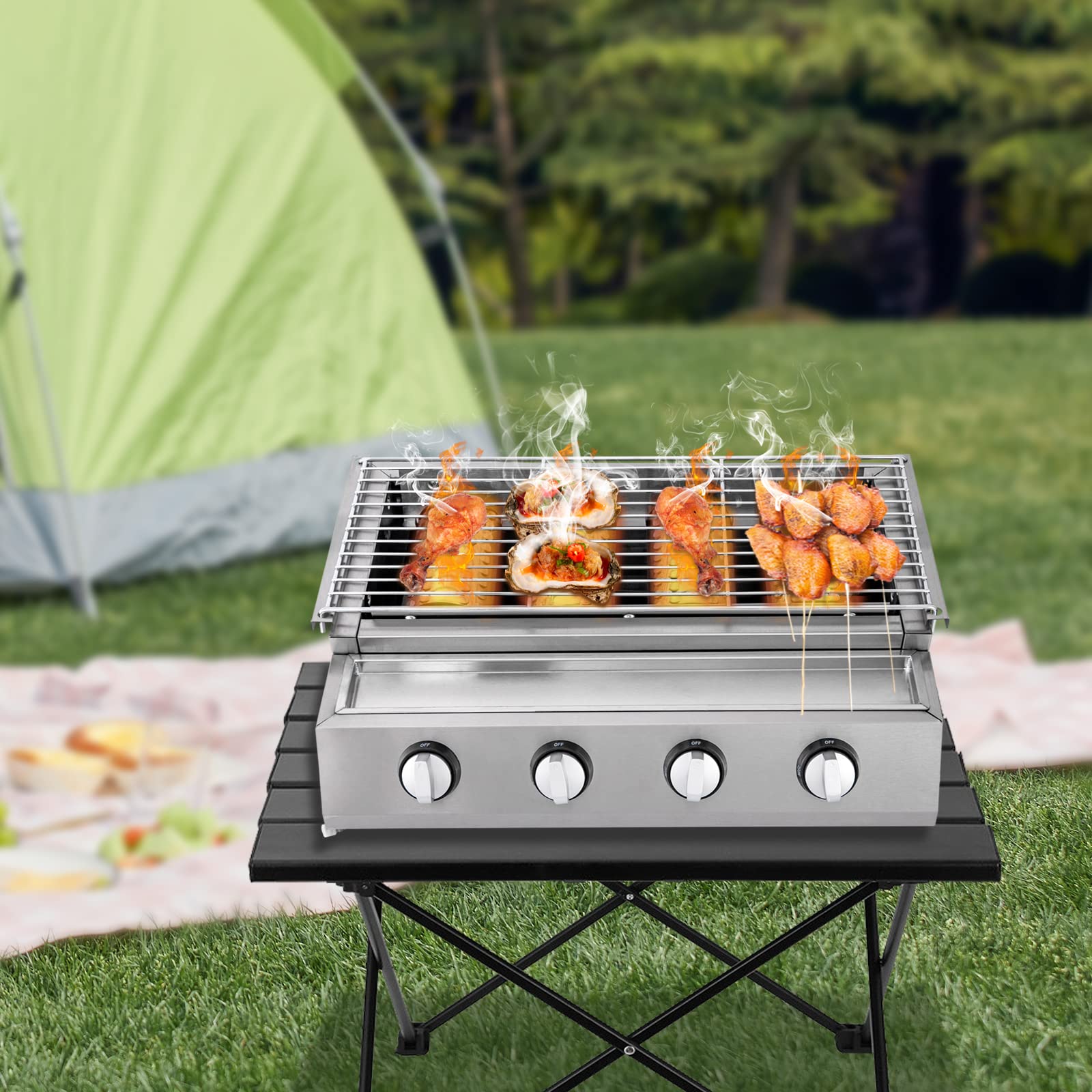 3 Burner Stainless Steel Commercial Gas Griddle - Adjustable Height LPG BBQ Grill for Outdoor Cooking, Camping & Picnics | Durable Countertop Grill with Removable Grill Net for Patio, Garden & Backyard Use