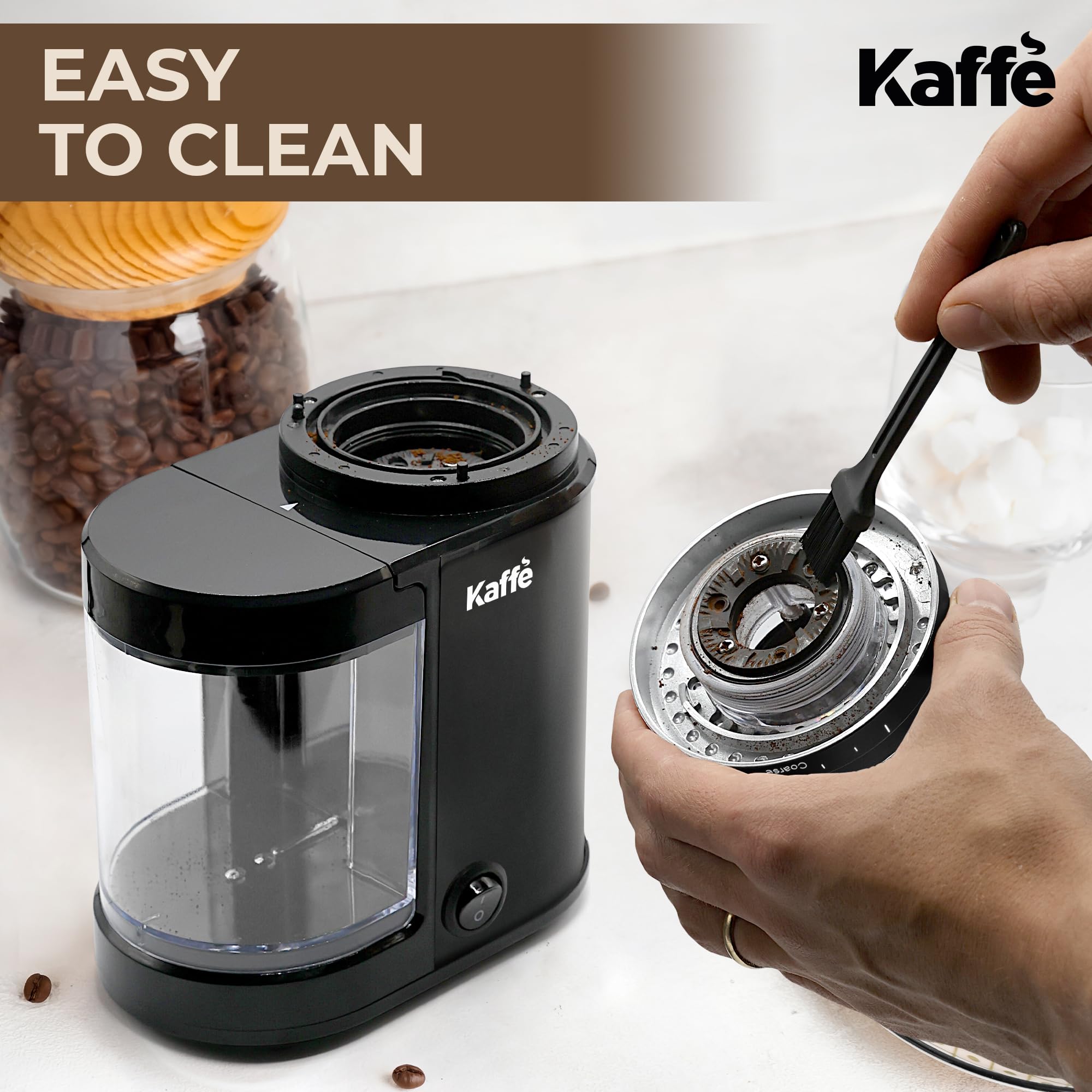 Premium Kaffe Electric Burr Coffee Grinder - 5.5oz Capacity, Adjustable Coarseness Settings & Flat Burr Design - New Upgraded Motor for Precise Grinding - Perfect for Espresso, French Press & Drip Coffee - Ideal Home Coffee Bean Grinder (Black)