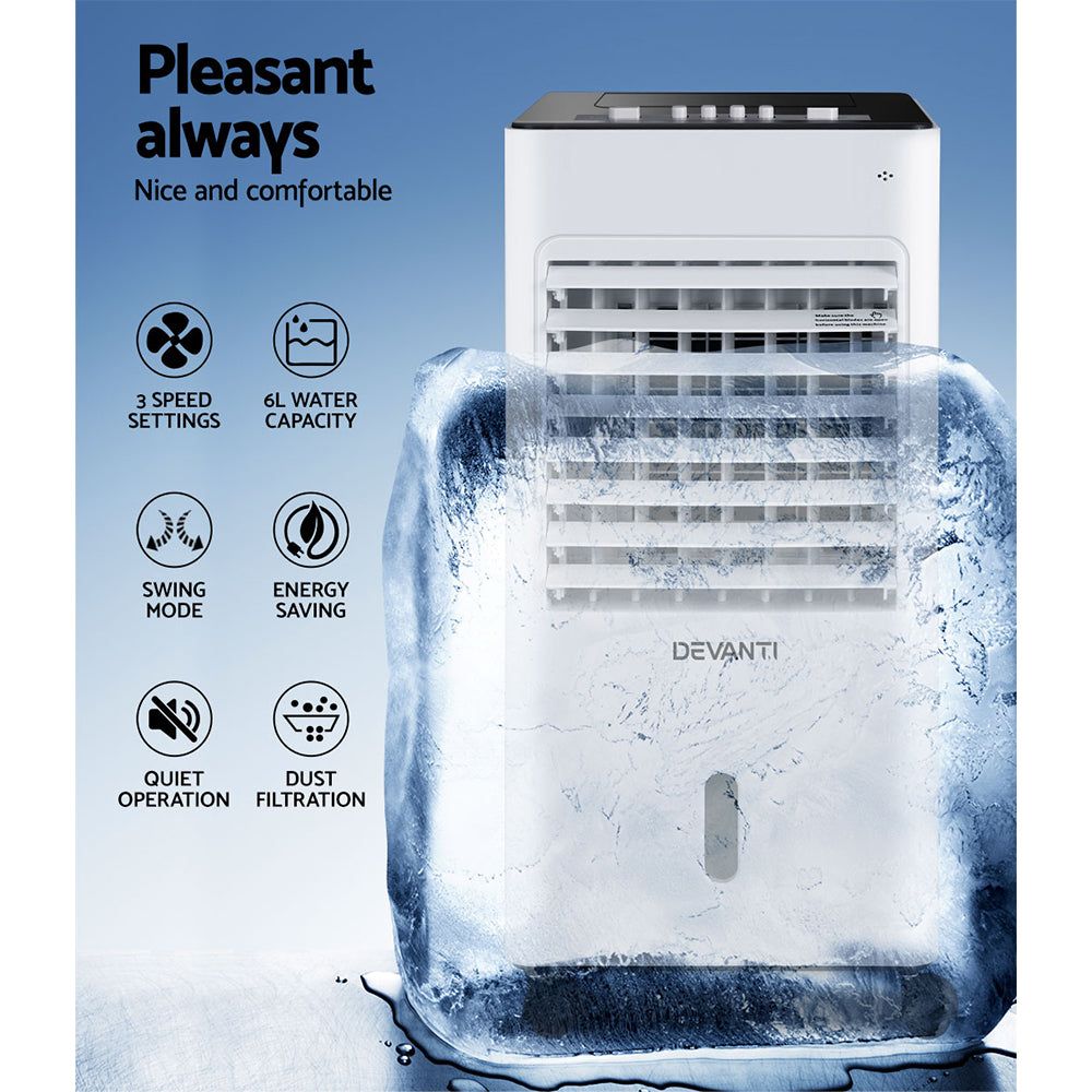 Devanti 6L Portable Evaporative Air Cooler with Humidifier - Personal Cooling Fan for Home, Office & Outdoor Use - Energy Efficient Air Conditioner Alternative for Summer