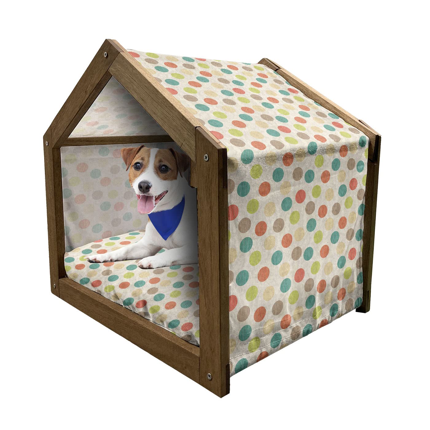 Ambesonne Retro Wooden Pet House - Colorful Striped Circles Abstract Pattern Indoor Outdoor Portable Dog Kennel with Pillow Cover | Cozy Shelter for Small Dogs in Living Room, Backyard & Travel
