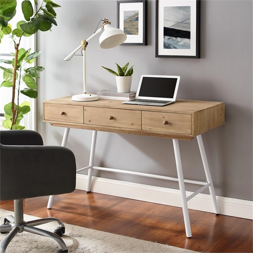 Modern White Wood and Metal 3-Drawer Writing Desk - Perfect for Home Office, Study Room & Small Workspaces