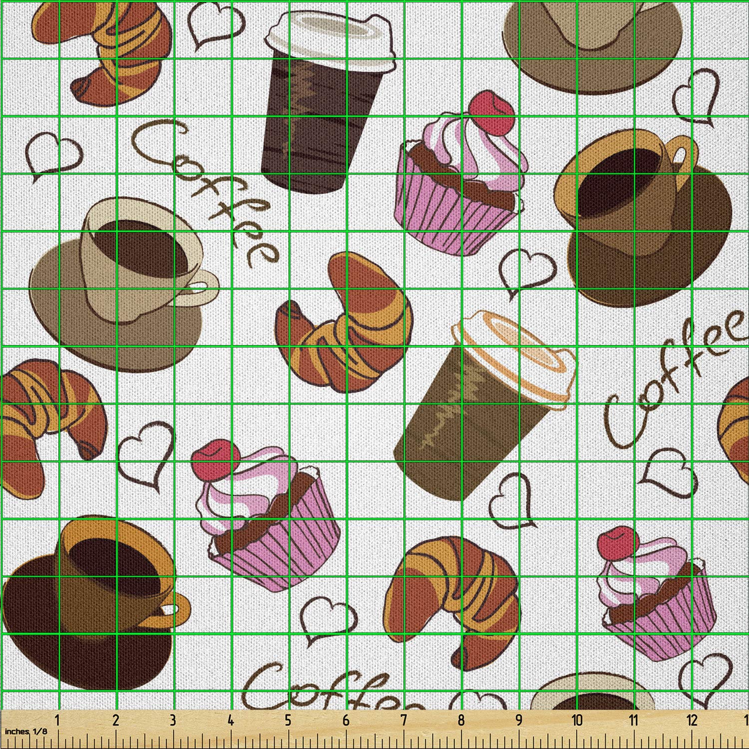 Lunarable Coffee-Themed Fabric by The Yard - Cherry Cupcake Croissant Print Microfiber Textile for DIY Crafts, Home Decor & Sewing Projects (10 Yards, Brown) | Perfect for American Breakfast Culture Inspired Crafts, Table Runners & Kitchen Decorations
