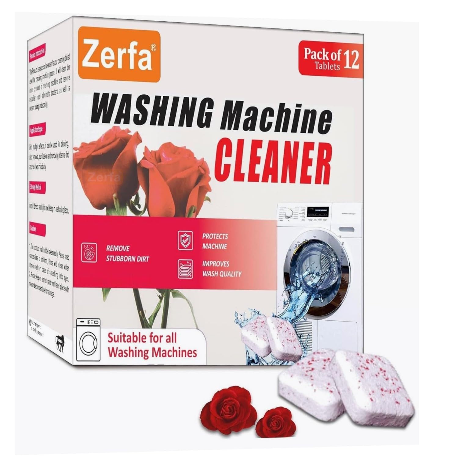 Zerfa 36-Pack Rose Scented Washing Machine Cleaner & Descaler Tablets - Deep Cleaning for Front & Top Load Washers - Removes Limescale, Odors & Stains - Ideal for Laundry Maintenance & Appliance Care