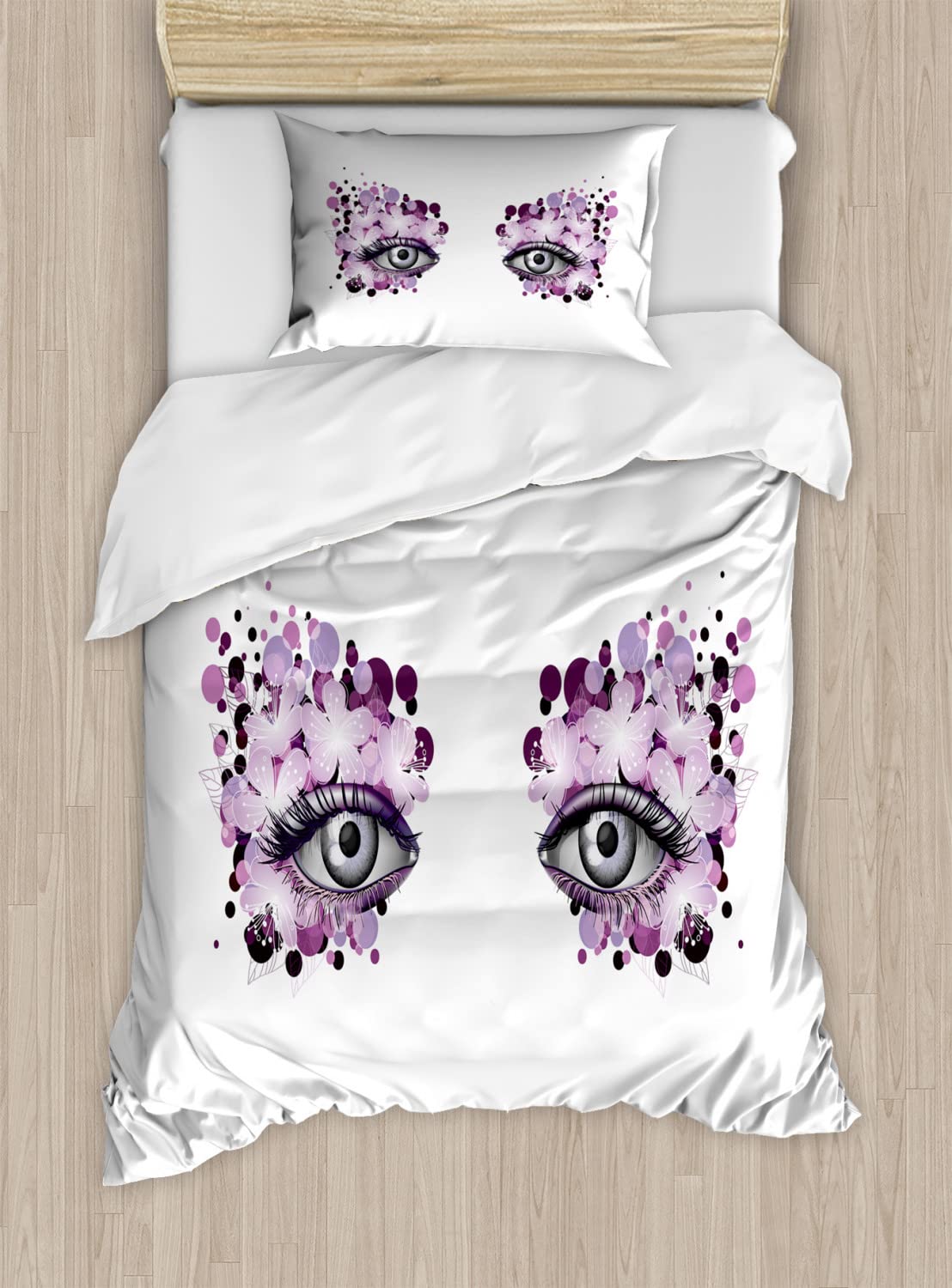 Ambesonne Eyelash Duvet Cover Set - Twin Size 2-Piece Bedding Set with Abstract Floral Makeup Design in Violet Lilac Grey | Soft & Breathable Duvet Cover + Pillowcases | Perfect for Teen Girls' Bedroom, Dorm Room Decor & Summer Home Refresh