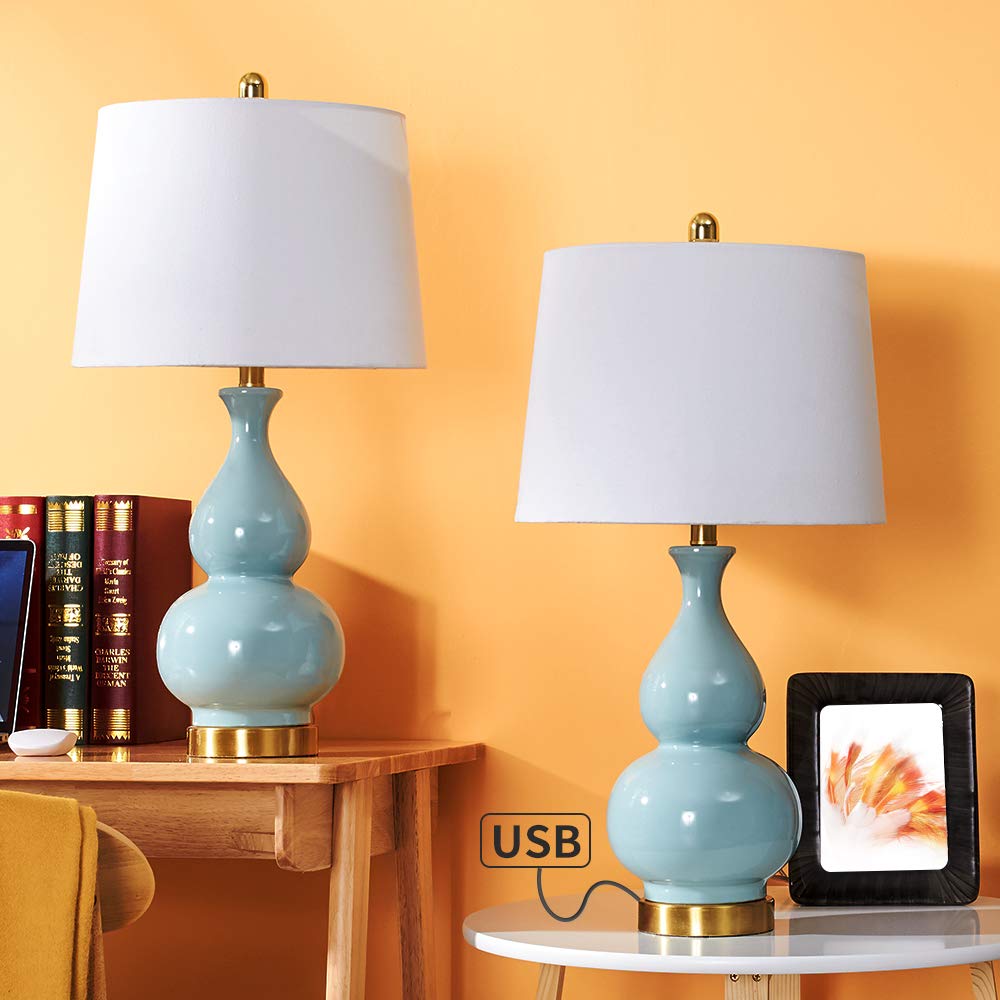 Maxax Ceramic Table Lamps Set of 2 - Blue Double Gourd USB Bedside Lamps with White Fabric Shade, ETL Certified Nightstand Lighting for Bedroom, Living Room & Office | Perfect for Reading, Relaxation & Charging Devices