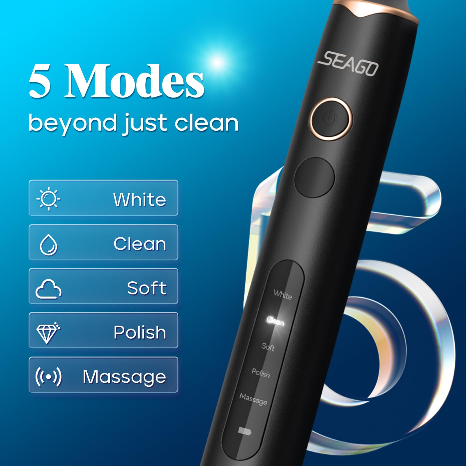 SEAGO Sonic Electric Toothbrush with 8 Replacement Brush Heads - 5 Cleaning Modes, 14-Day Teeth Whitening Technology - Waterproof Rotating Toothbrush for Adults & Kids (Black, Model SG-2603) | Perfect for Home Use, Travel & Daily Oral Care