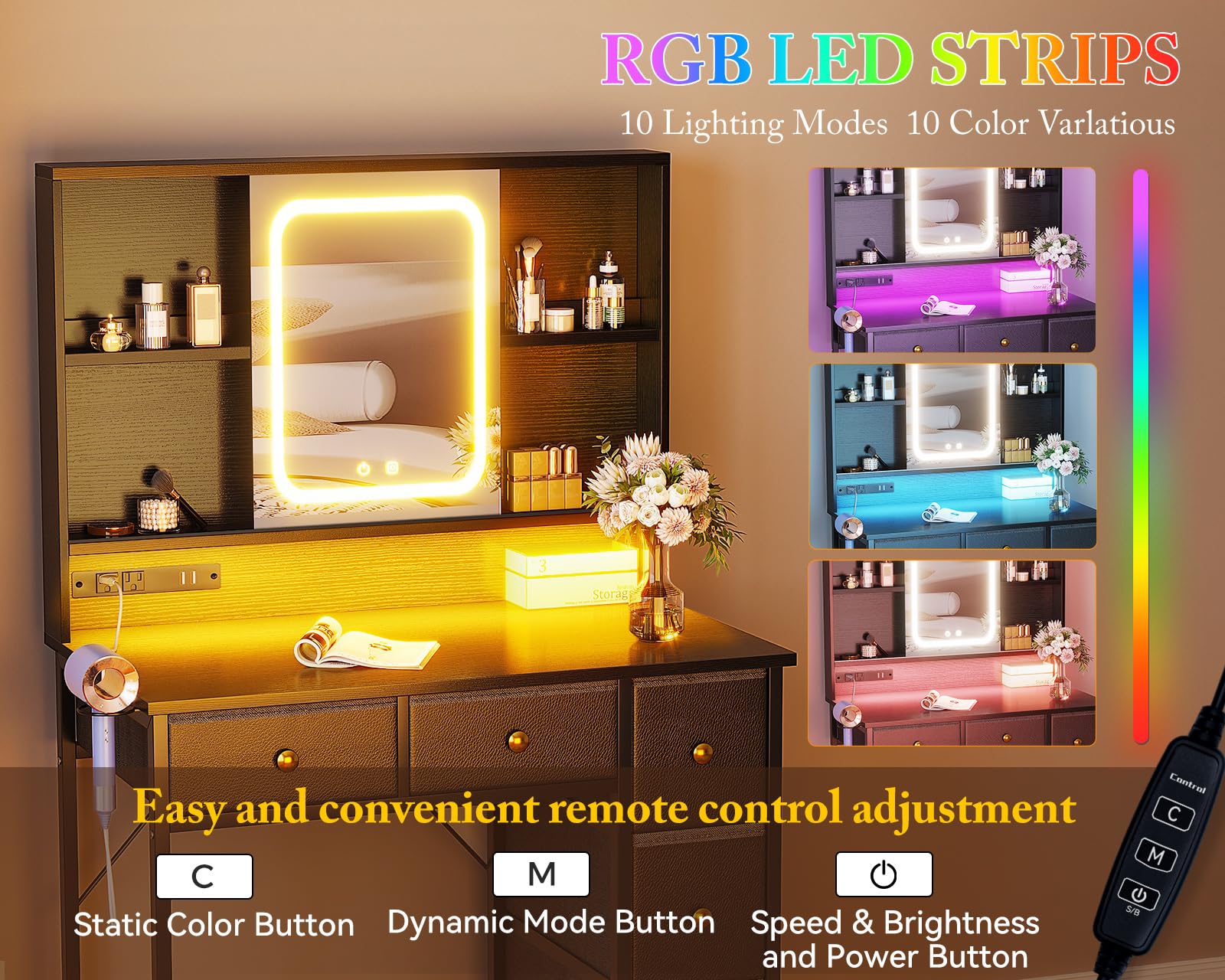 AODK 36 Inch Black Makeup Vanity Desk with LED Mirror & RGB Lights - 5 Fabric Drawers Dressing Table for Girls - Perfect for Bedroom, Dorm Room & Home Beauty Salon