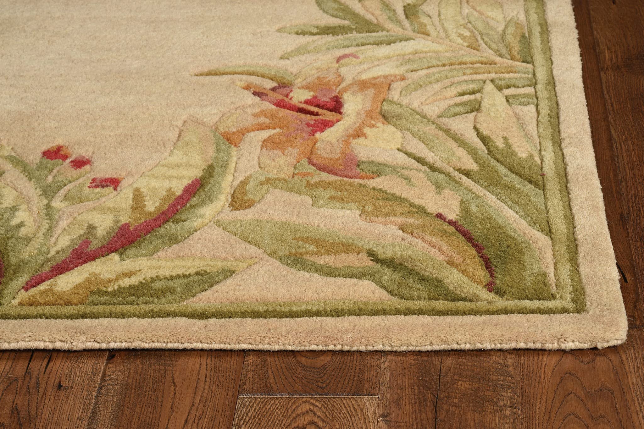 HomeRoots 8' x 11' Wool Ivory Tropical Greenery Area Rug - Soft & Durable Handmade Rug for Living Room, Bedroom & Dining Room Decor