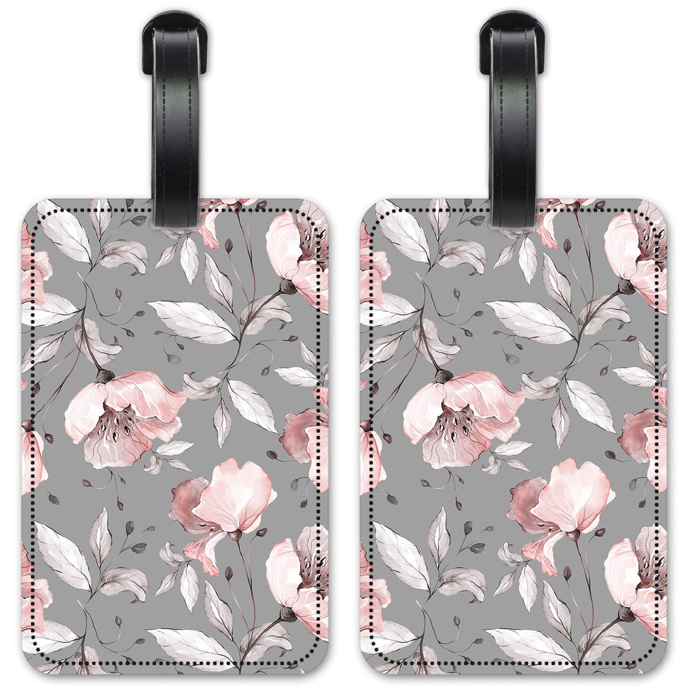 Gray & Pink Floral Luggage ID Tags - Set of 2 Waterproof Suitcase Identification Cards for Travel - Perfect for Airports, Cruise Ships & Backpacking