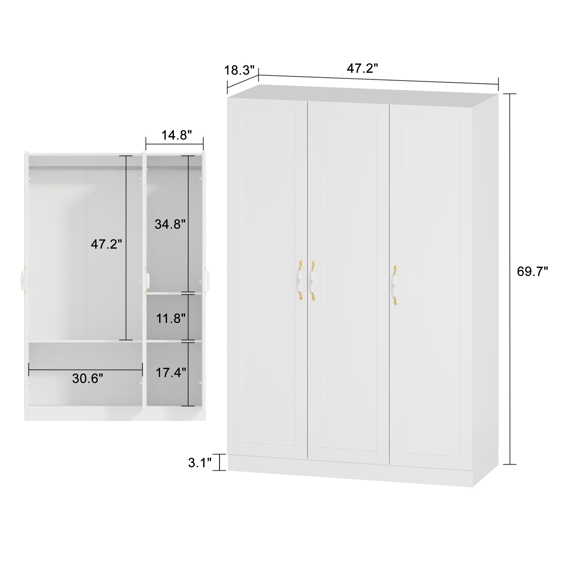 Homsee White Wooden Wardrobe Armoire Closet - 3 Doors, 5 Storage Compartments, 2 Hanging Rods & Decorative Handles for Bedroom Organization - Perfect for Master Bedroom, Guest Room, and Walk-in Closet Storage Solutions