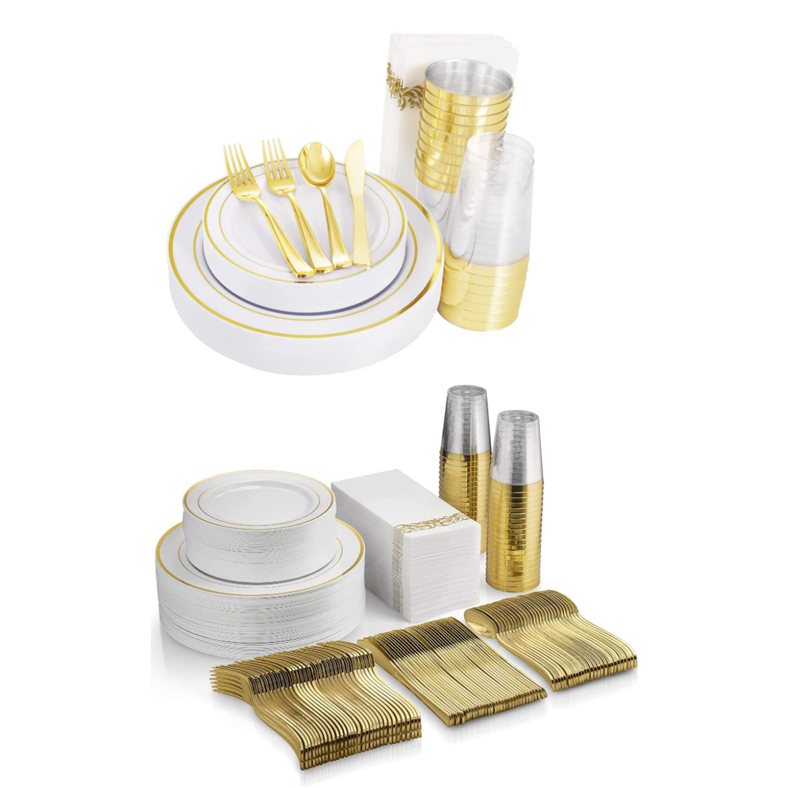 Premium 600-Piece Gold Plastic Dinnerware Set - Elegant Gold Plastic Plates, Silverware, Cups with Gold Rim & Napkins - Perfect for Weddings, Catering Events, Birthdays & Parties - Durable & Stylish Disposable Tableware for Any Celebration