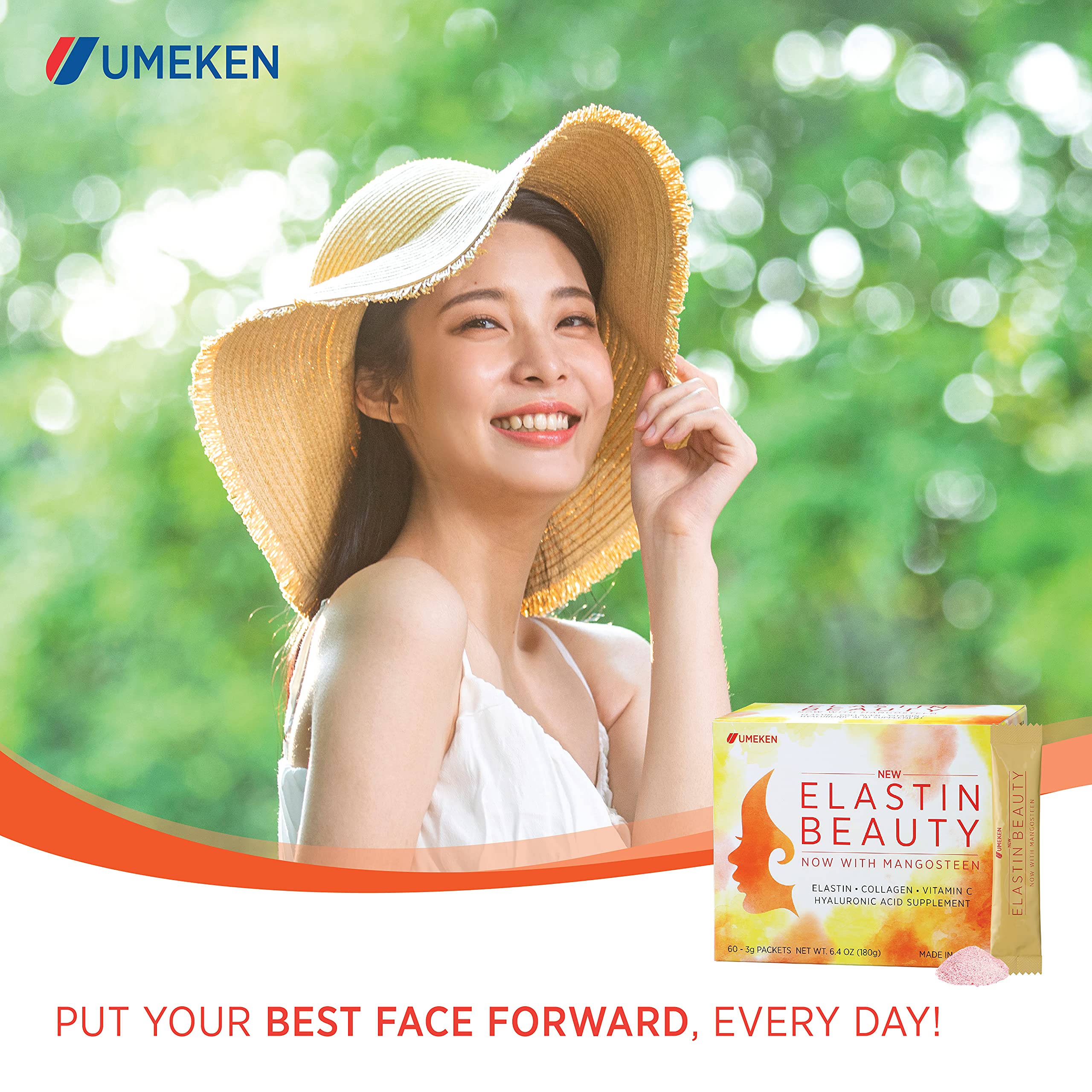 Umeken Elastin Beauty Powder Supplement with Collagen Peptides & Hyaluronic Acid - Vitamin C & Mangosteen Fruit for Women's Health - 60 Packets (1 Month Supply) - Skin Hydration & Anti-Aging Support for Daily Beauty Routine