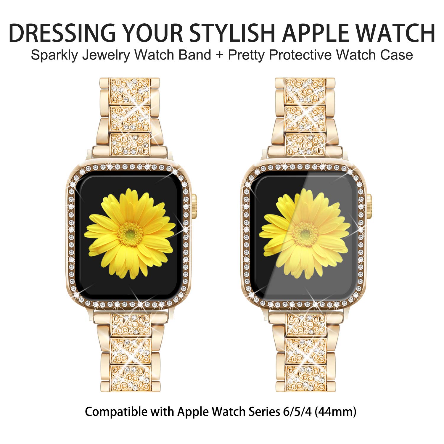 Mesime Compatible Apple Watch Band with Screen Protector Case - Jewelry Replacement Bands for 38mm/40mm/41mm/42mm/44mm/45mm/46mm iWatch Series 10/9/8/7/6/5/4/3/2/1/SE (2 Pack) - Stylish Protective Cover for Women | Perfect for Workout, Office & Daily Wear