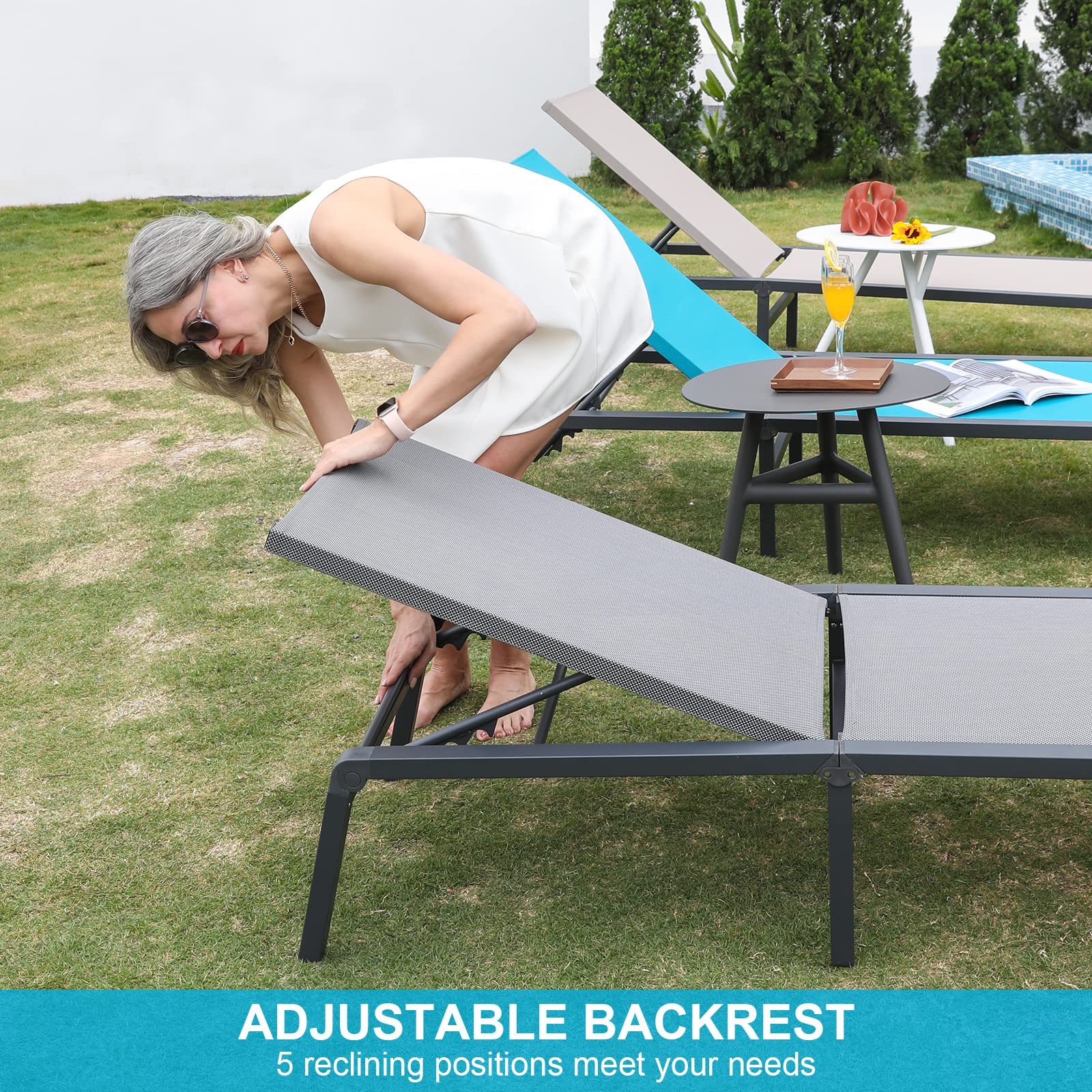Premium Aluminum Outdoor Chaise Lounge Set of 2 - No Assembly Required, Adjustable Backrest Patio Furniture for Poolside, Beach & Backyard Relaxation | Perfect for Sunbathing, Lounging & Outdoor Comfort
