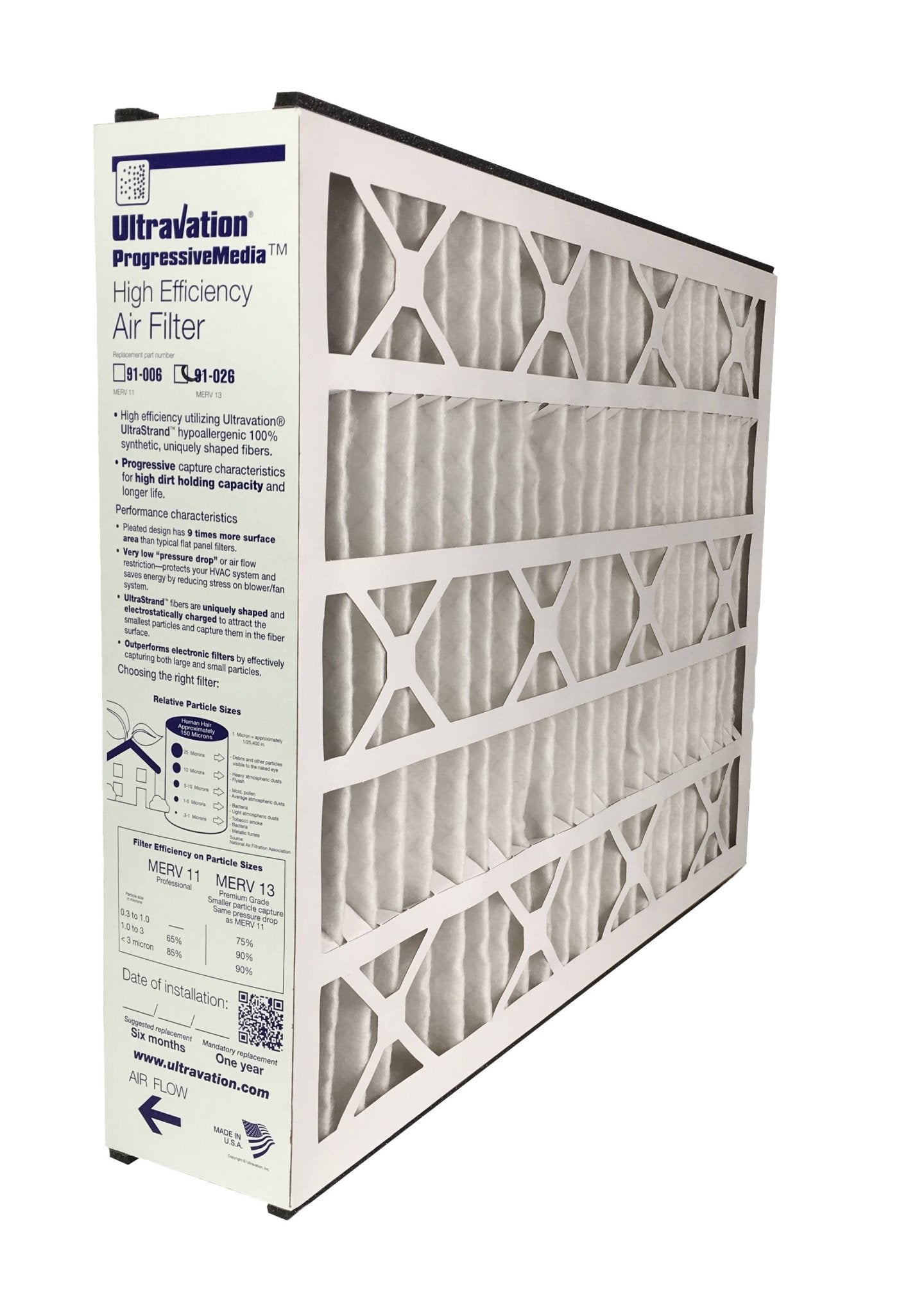 Ultravation 91 026 20x25x5 MERV 13 Replacement Furnace Air Filter - 1 Pack - Perfect for Home HVAC Systems & Allergy Relief
