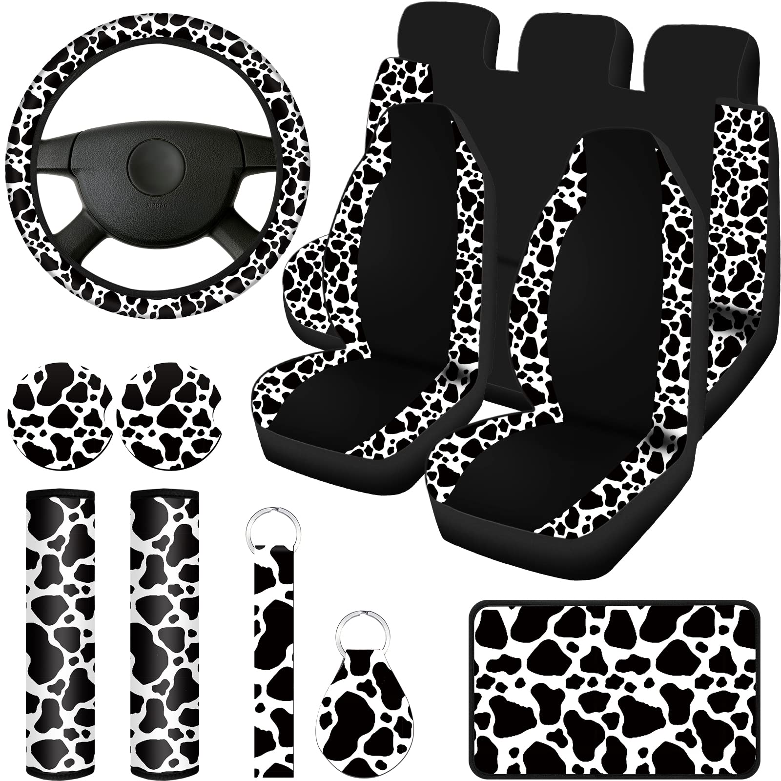 Cow Print Car Seat Covers Full Set - Universal Fit for Cars, Trucks & SUVs | Non-Slip Rubber Steering Wheel Cover, Armrest Pads & Seat Belt Covers | Fun Cow Pattern Car Accessories for Women & Men | Perfect for Road Trips, Daily Commute & Gift Giving