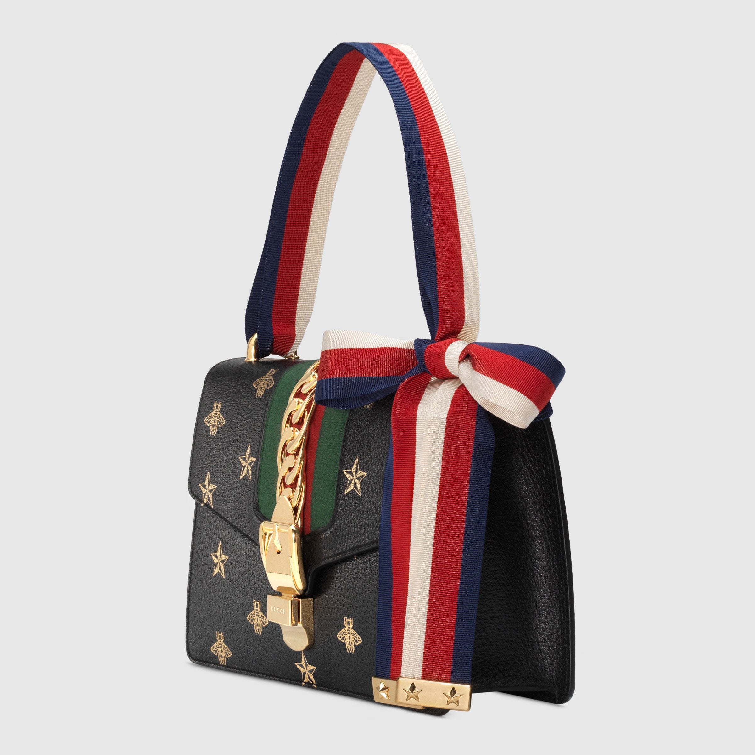 Gucci Sylvie Bee Star Small Shoulder Bag for Women - Luxury Black Leather Crossbody Purse with Gold Chain Strap, Perfect for Date Night, Parties & Special Occasions
