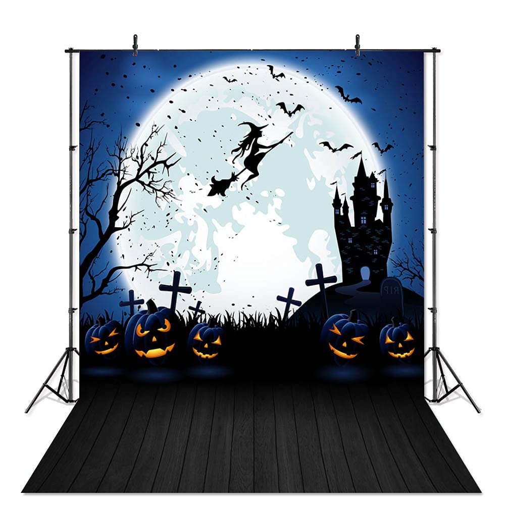 Halloween Party Backdrop - 6x8ft Full Moon Pumpkin Bat Graveyard Scene Photography Background for Spooky Decor, Rustic Wooden Vinyl Halloween Party Decorations - Perfect for Halloween Parties, Photo Booths & Themed Events