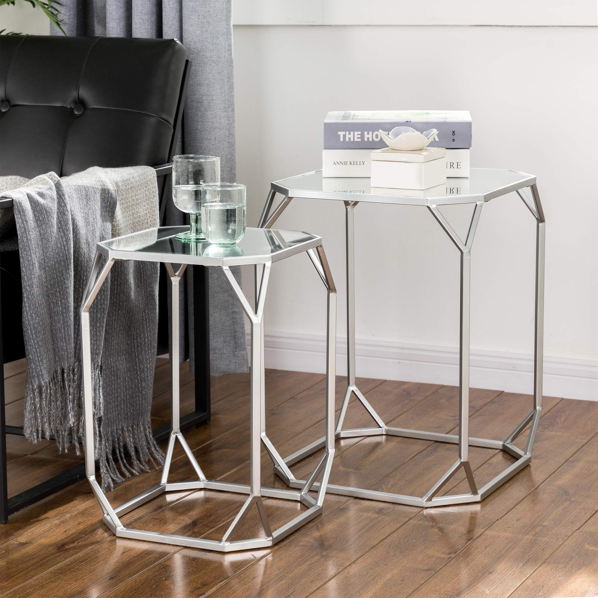 Glitzhome Set of 2 Silver Nesting Coffee Tables - Modern Accent Side End Tables for Living Room, Bedroom, Home Office & Patio - Perfect as Plant Stand or Chairside Table
