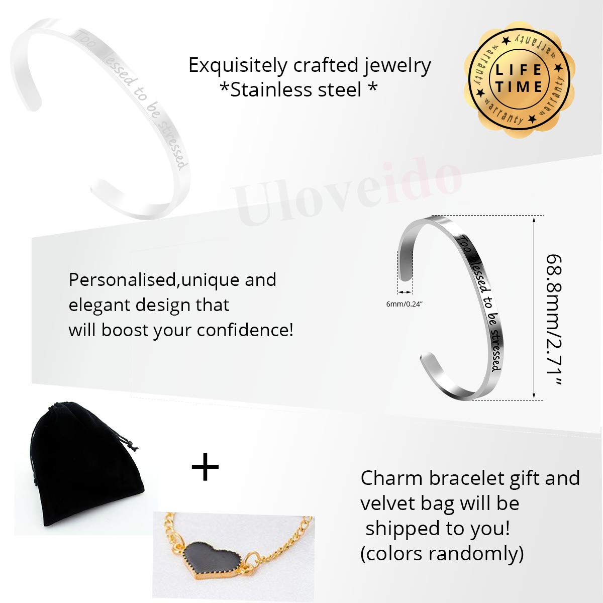 Uloveido Personalized Stainless Steel Motivational Bracelet for Women - Engraved Initial Mantra Cuff Bangle Y460 | Inspirational Jewelry Gift for Her | Perfect for Daily Wear, Yoga & Meditation