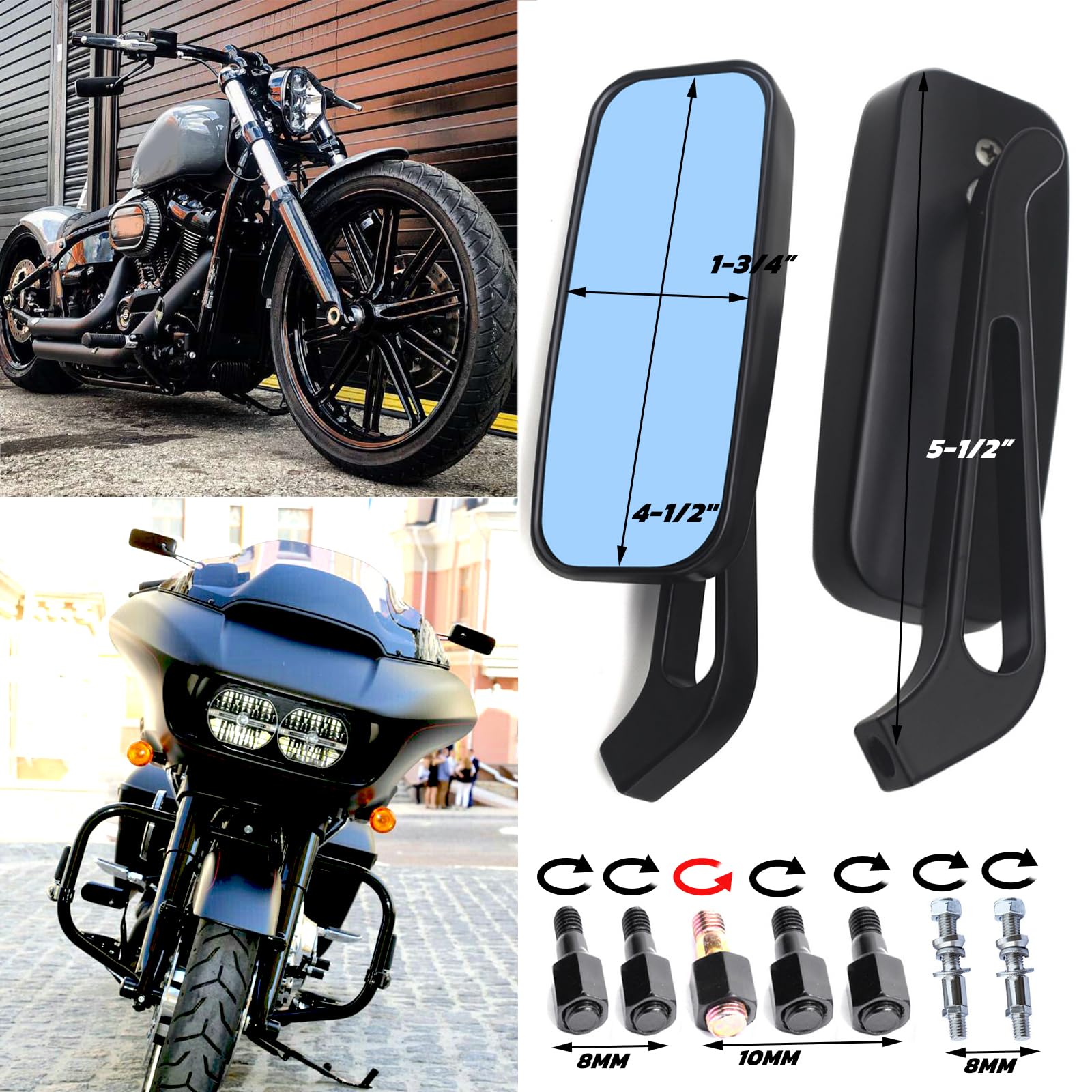 8mm/10mm Black Motorcycle Handlebar Mirrors for Harley Softail Sportster - Durable Rectangle Rearview Mirrors for Chopper & Bobber Bikes - Enhance Safety & Style on Cruiser Rides