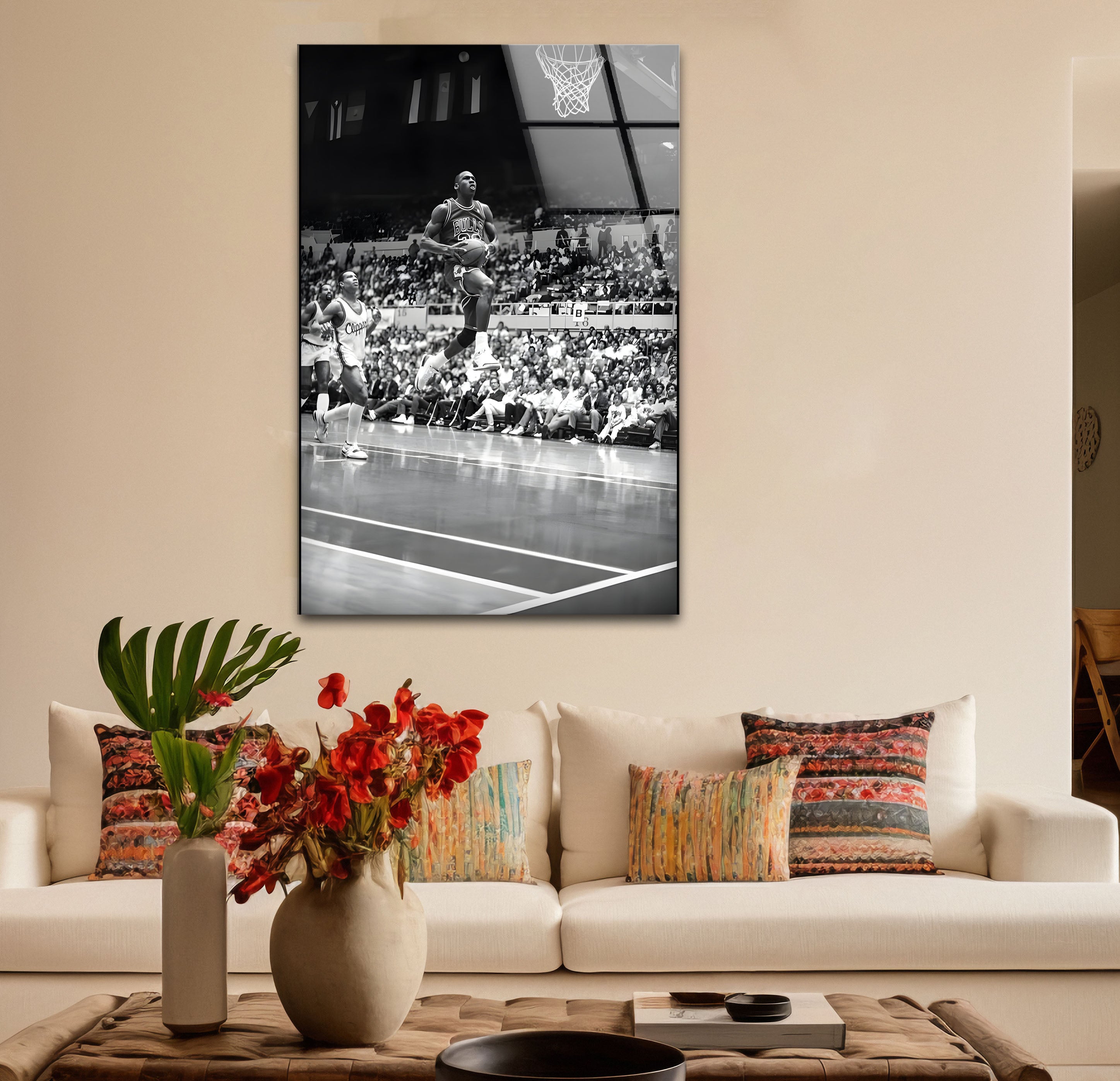Michael Jordan Black and White Glass Wall Art - Premium Basketball Decor for Home, Office, or Man Cave
