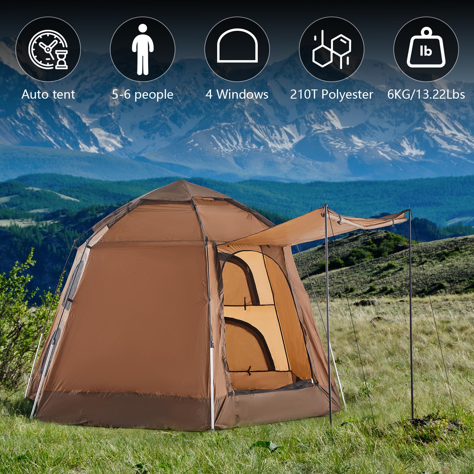 TUKAILAI Instant Camping Tent - Hexagonal Automatic Pop Up Dome Tent with 4 Mesh Windows & Door, Easy Setup for Outdoor Adventures, Backpacking, Hiking & Family Camping Trips