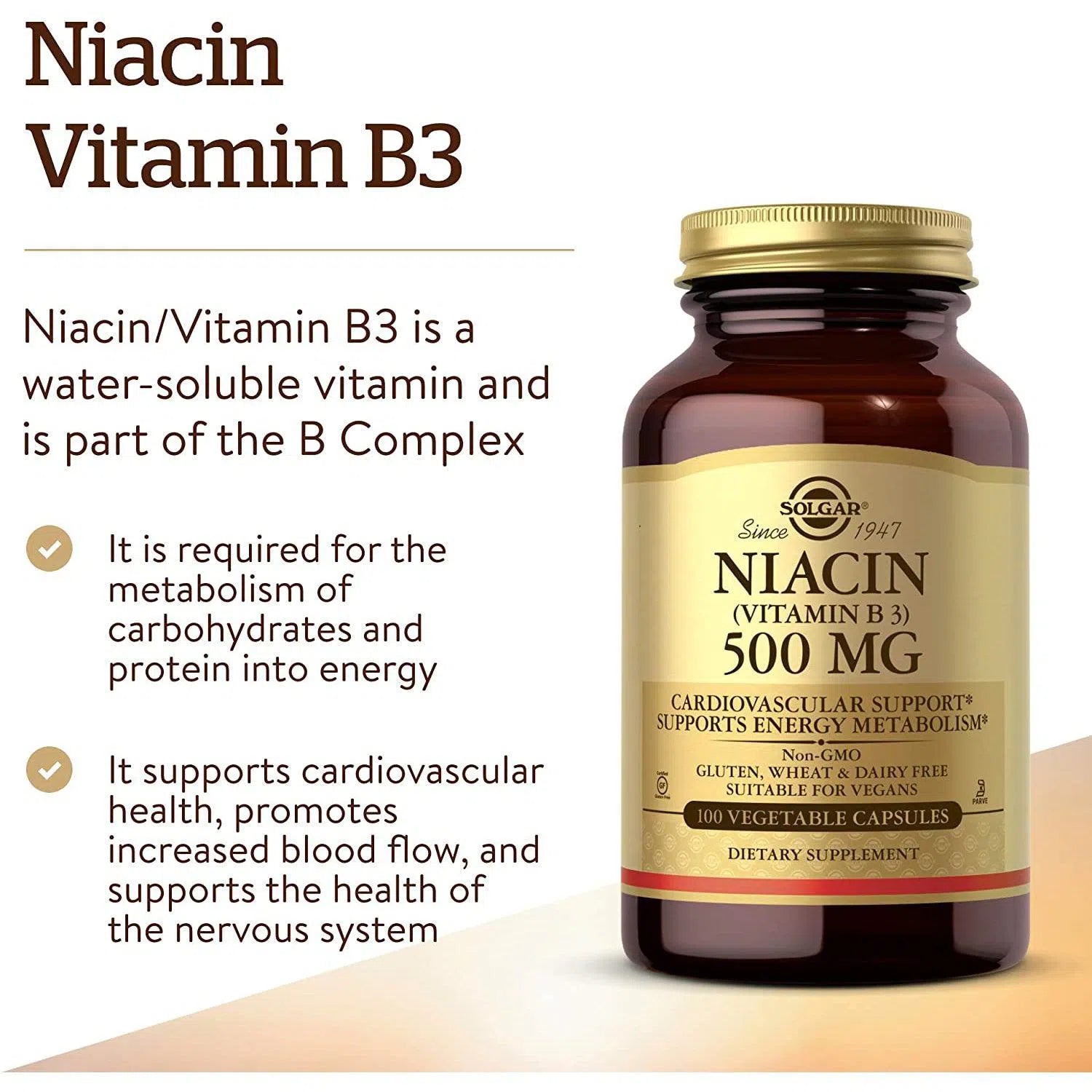 Solgar Niacin (Vitamin B3) 500 mg Supplement - Supports Heart Health & Energy Metabolism - Perfect for Daily Wellness & Cardiovascular Support