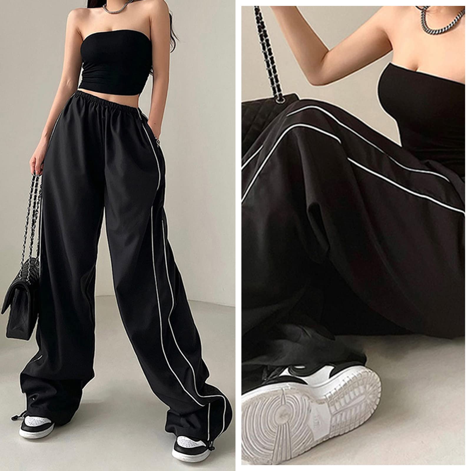 Allmloers Women's Y2K Parachute Pants - Baggy Wide Leg Track Pants with Elastic Waist | Cargo Sweatpants for Lounge, Jogging & Streetwear | Perfect for Casual Outfits, Gym Wear & 90s Fashion Trends