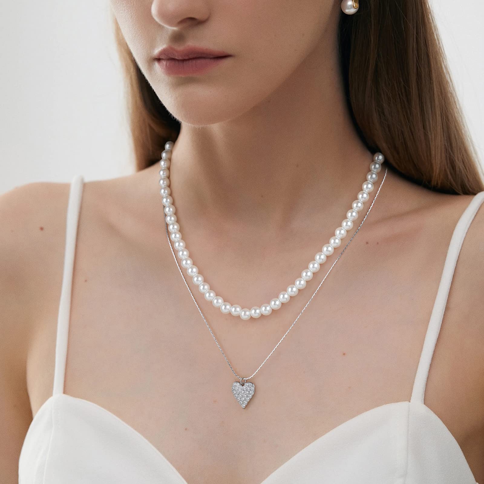 Layered Pearl Necklace for Women - 16K Gold Plated Love Zircon Pendant Choker, Elegant Dainty Jewelry for Wedding, Anniversary & Date Night Gifts