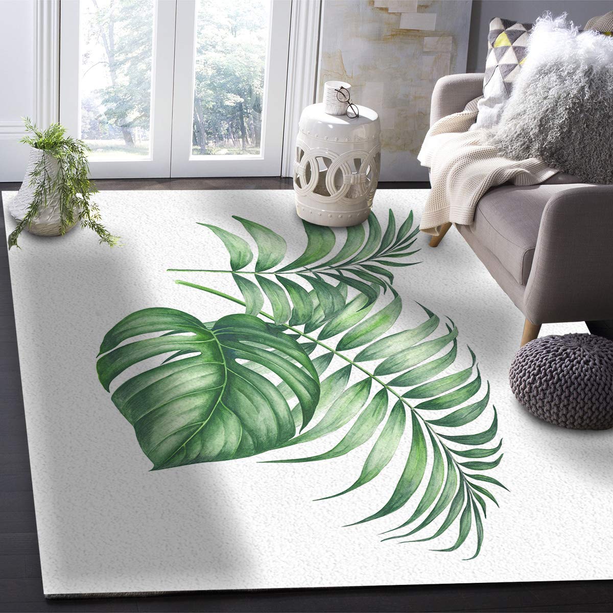 Non-Slip 3'x5' Tropical Green Palm Leaves Area Rug - Skid Proof Runner Floor Mat for Kitchen, Porch, Bedroom & Living Room | Perfect for Home Decor, Entryway & High Traffic Areas